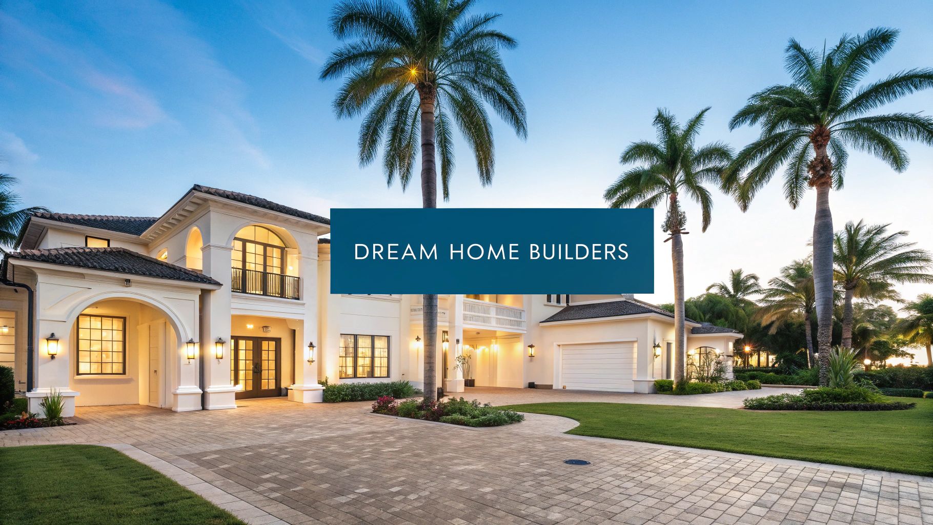 a large home with sprawling palm trees and a paved driveway with a blue text box in the foreground reading 'dream home builders'