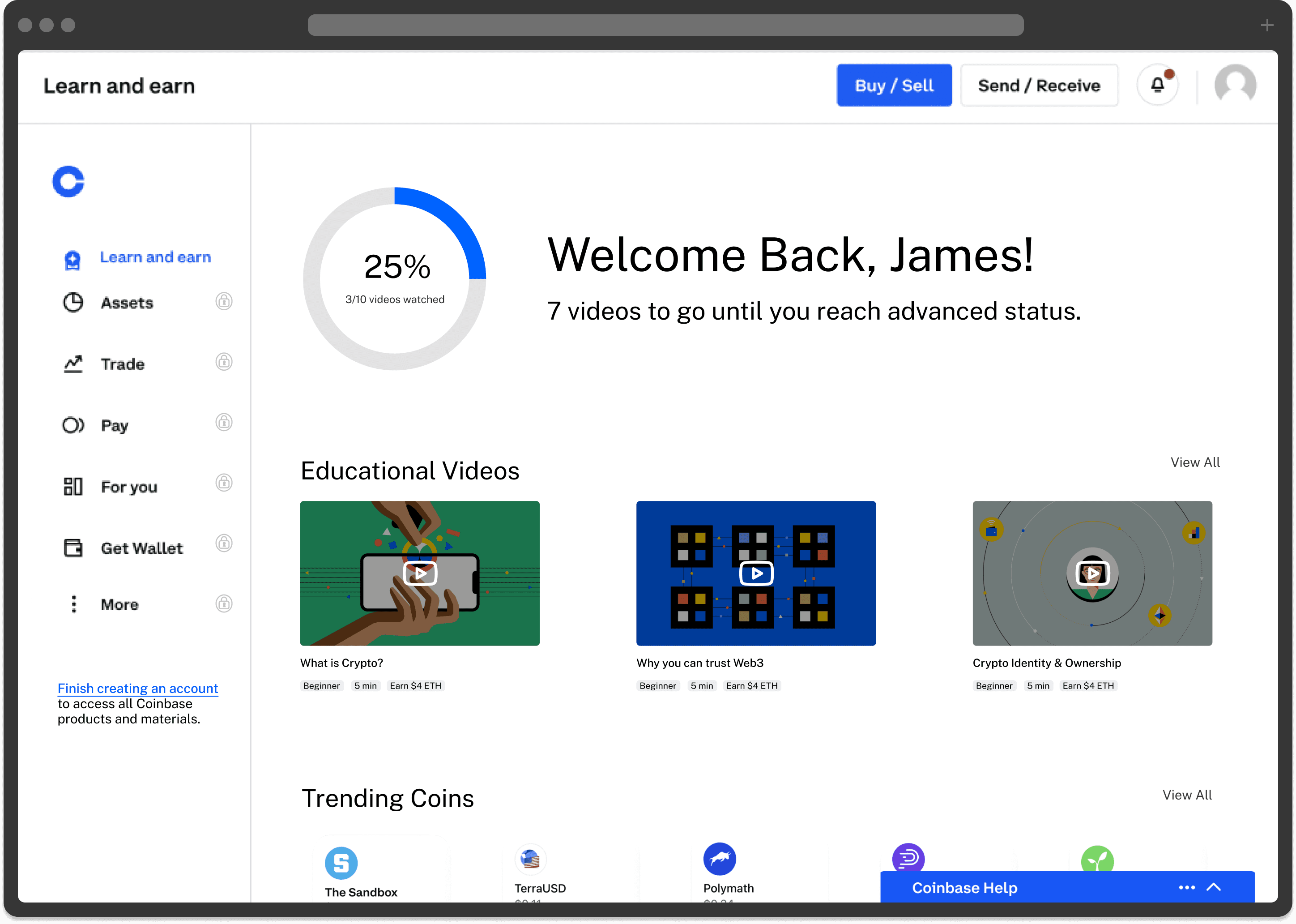 Redesigned Coinbase dashboard for beginner users learning about crypto