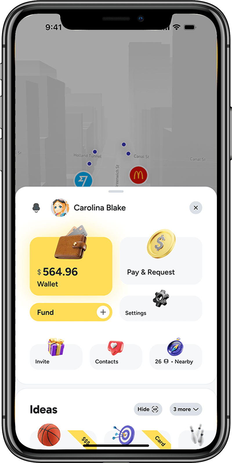 Screens of the Qubi mobile app — a gamified loyalty platform with rewards, wallet, and brand map.