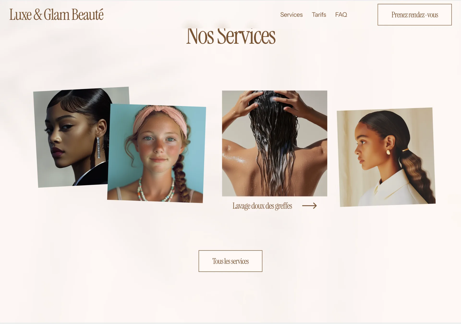 Services de salon de beauté afro-luxueux présentés sur le site web de Lush & Glam Beauté, design par B503 Studio.