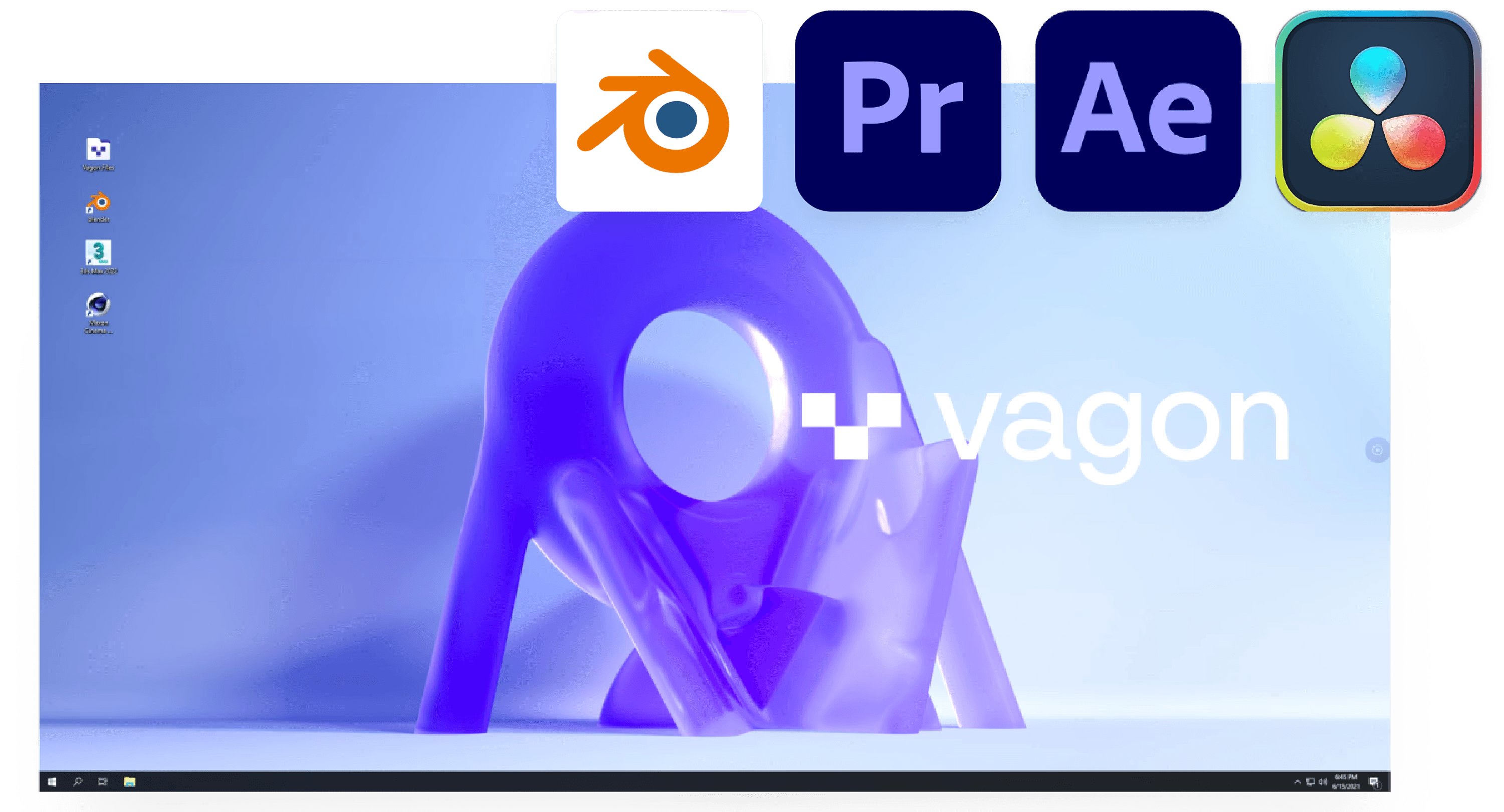 Vagon desktop environment with a 3D purple abstract shape and icons of Blender, Adobe Premiere Pro, After Effects, and DaVinci Resolve.