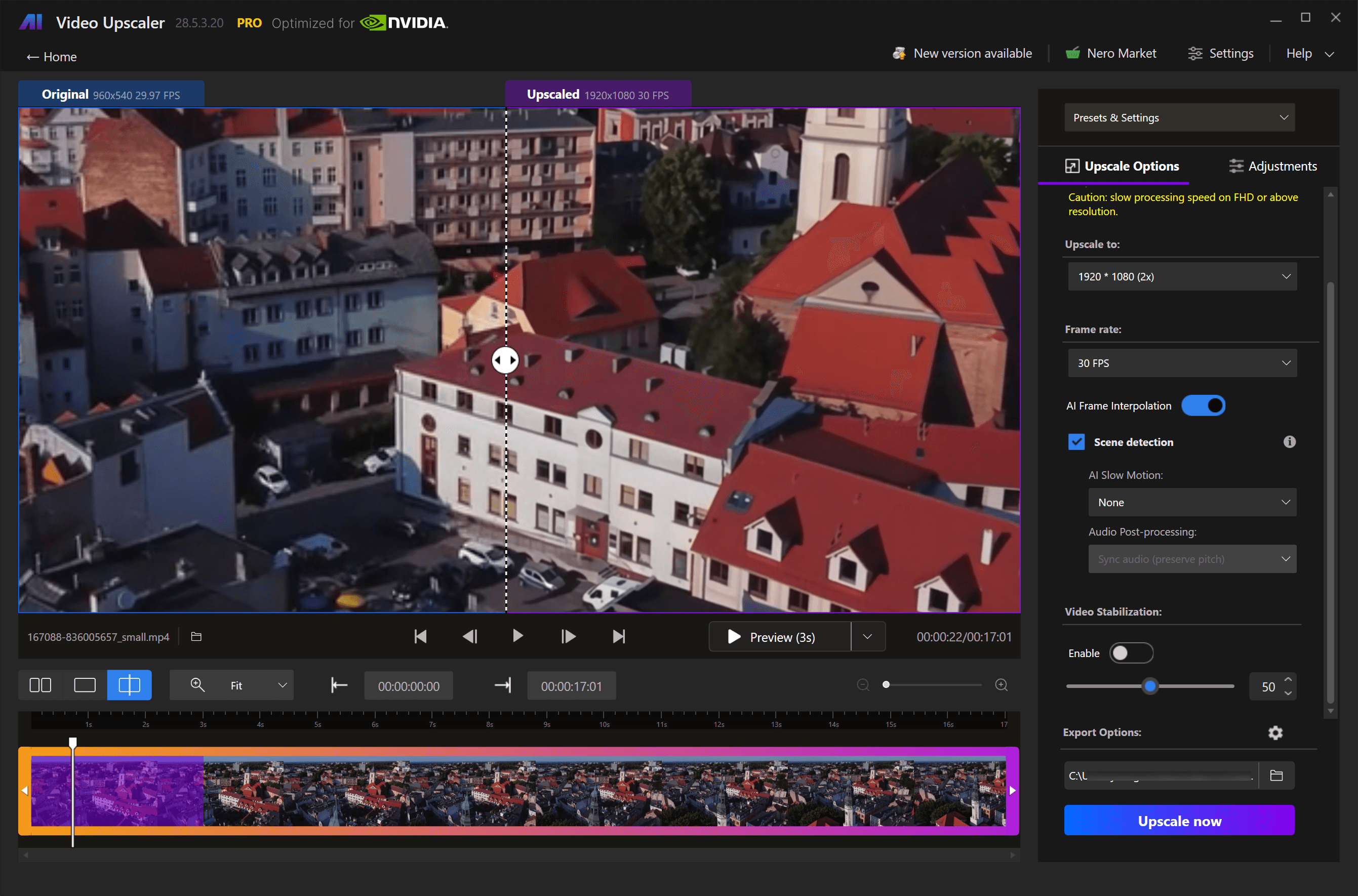 Nero AI Video Upscaler full interface at a glance