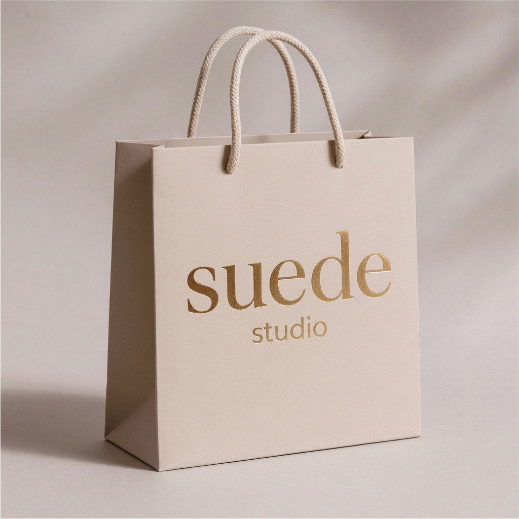 Suede Studio branded shopping bag mockup designed by Quickie Studio