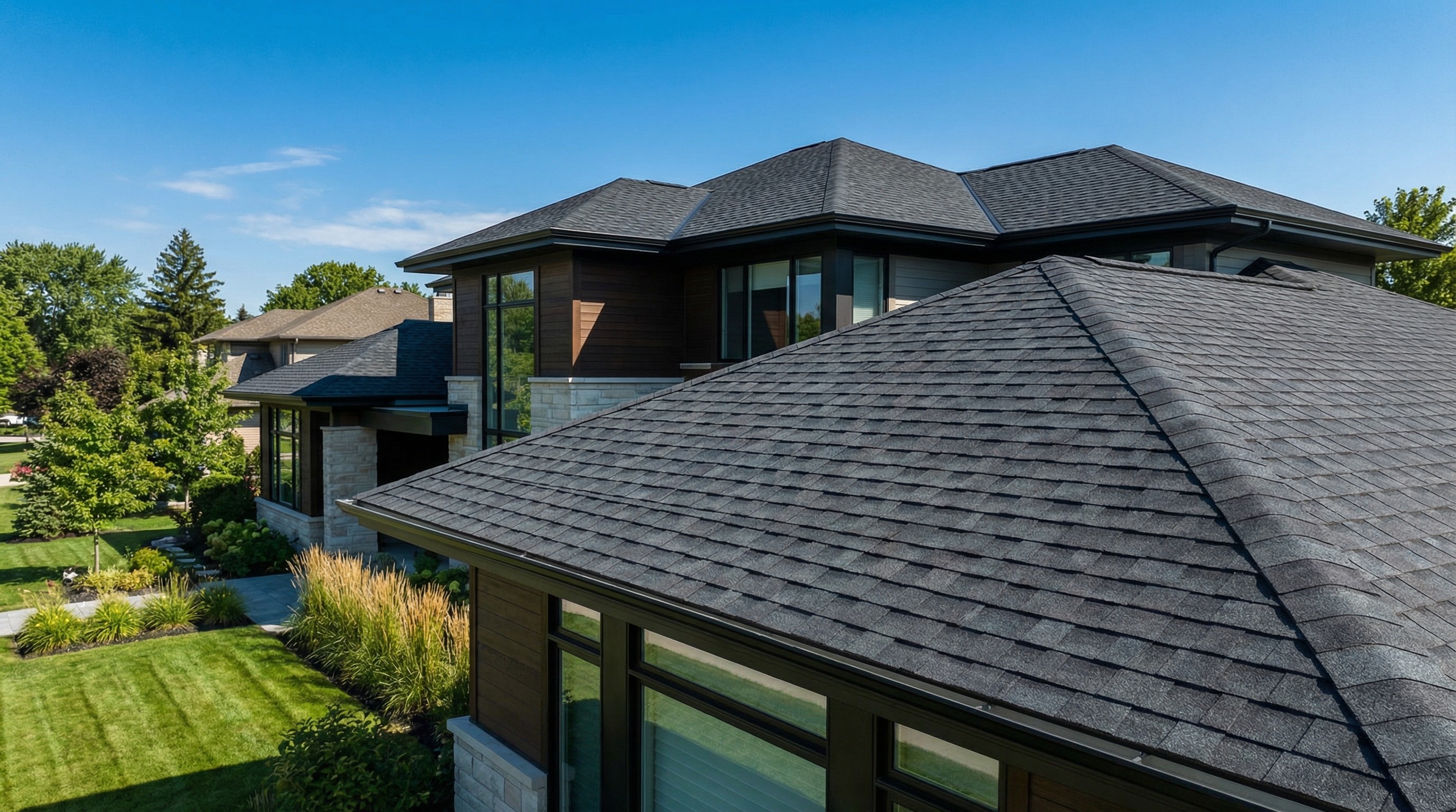 Modern home with a dark gray roof. Lush green lawn and trees in the background under a blue sky.