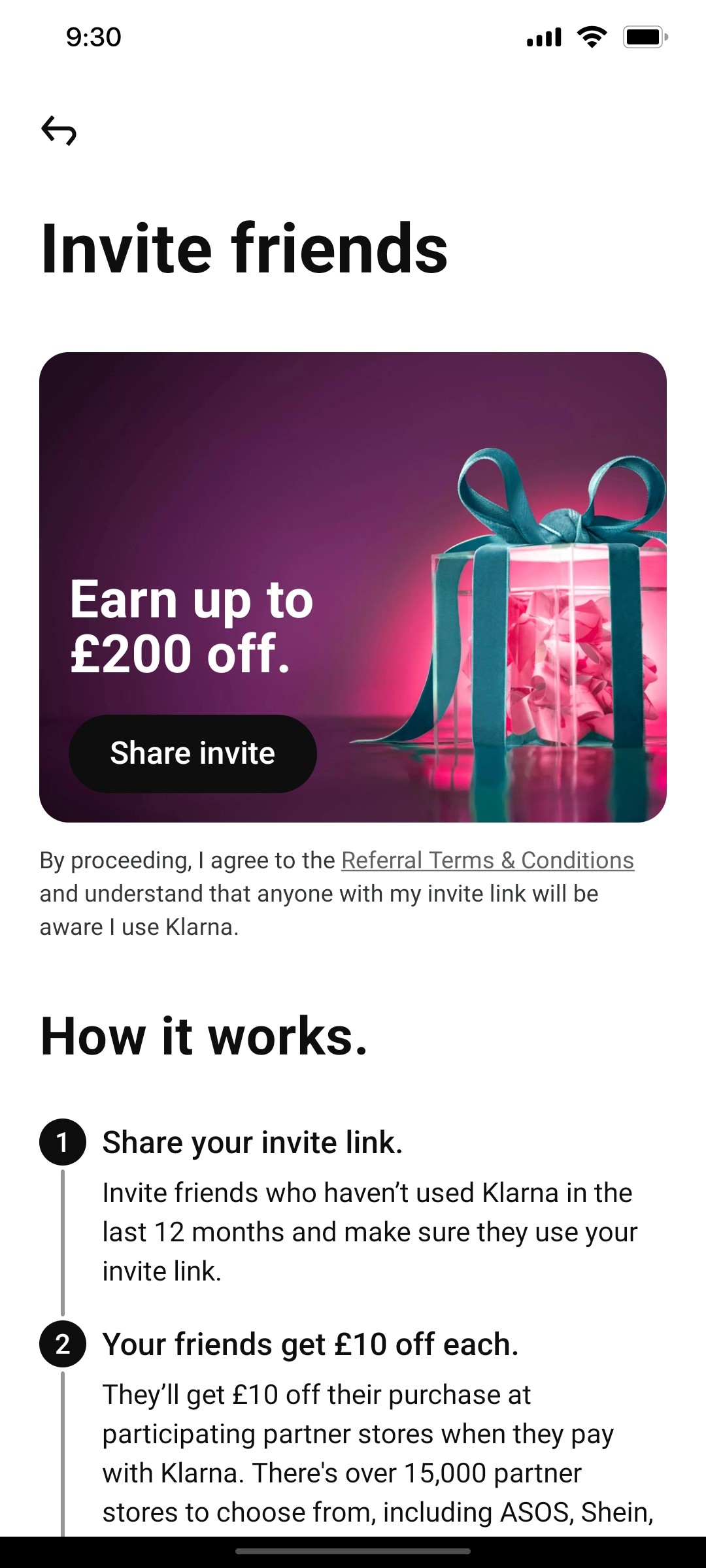 Klarna  Invite Friends Page Screen