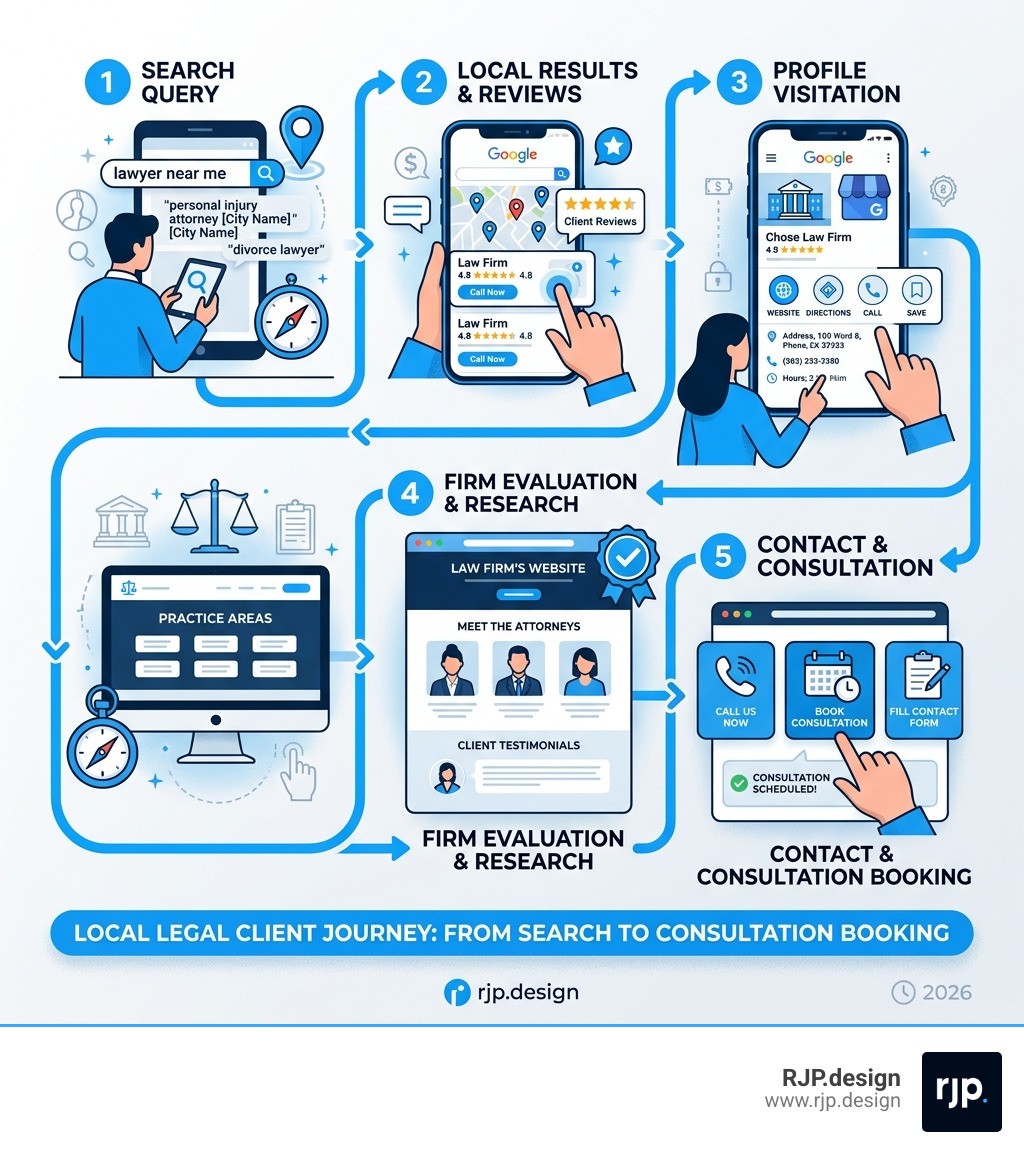 Infographic showing the local search journey for legal clients from search query to consultation booking - Local SEO for