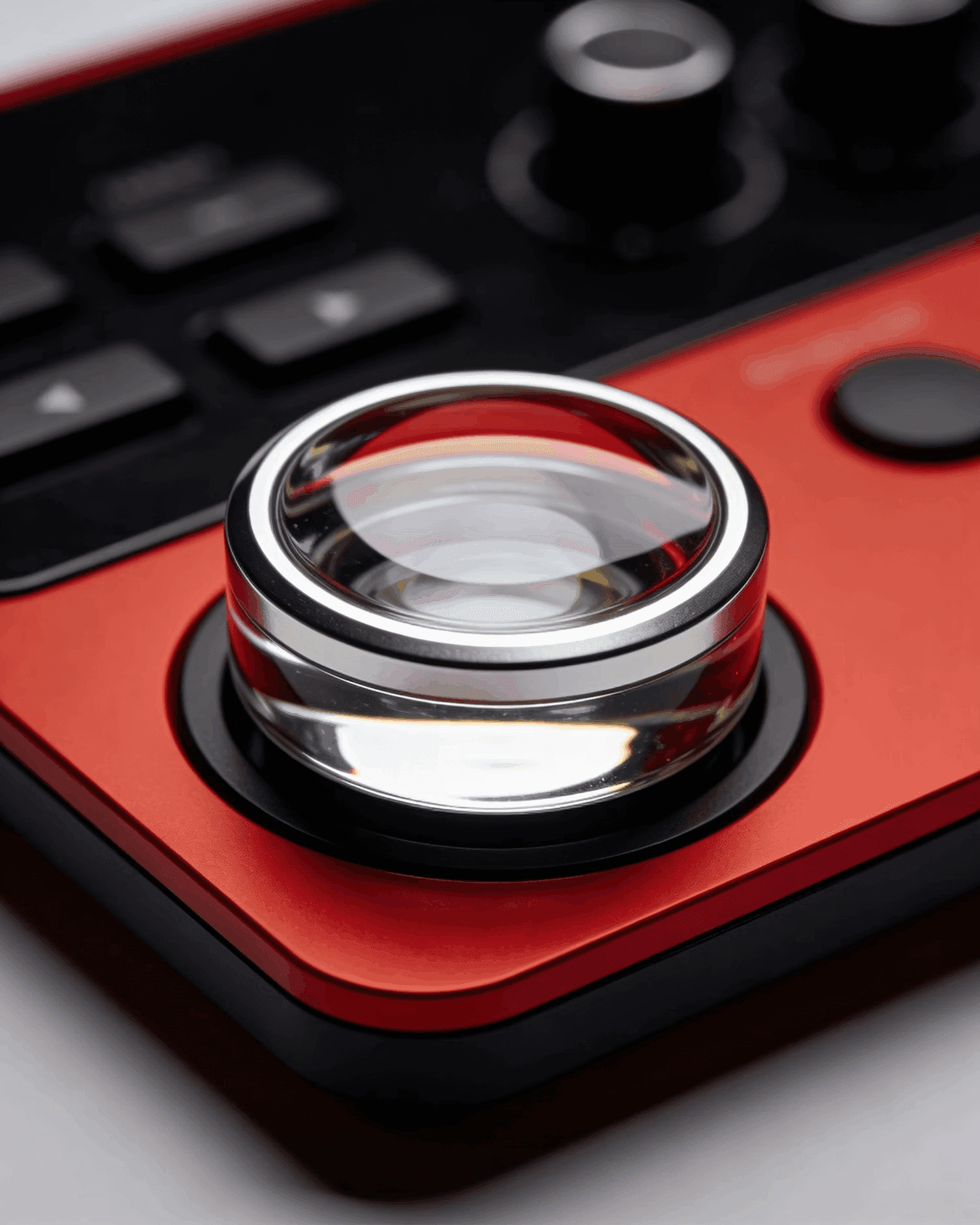 Shiny silver dial with a glass top on a red and black controller.