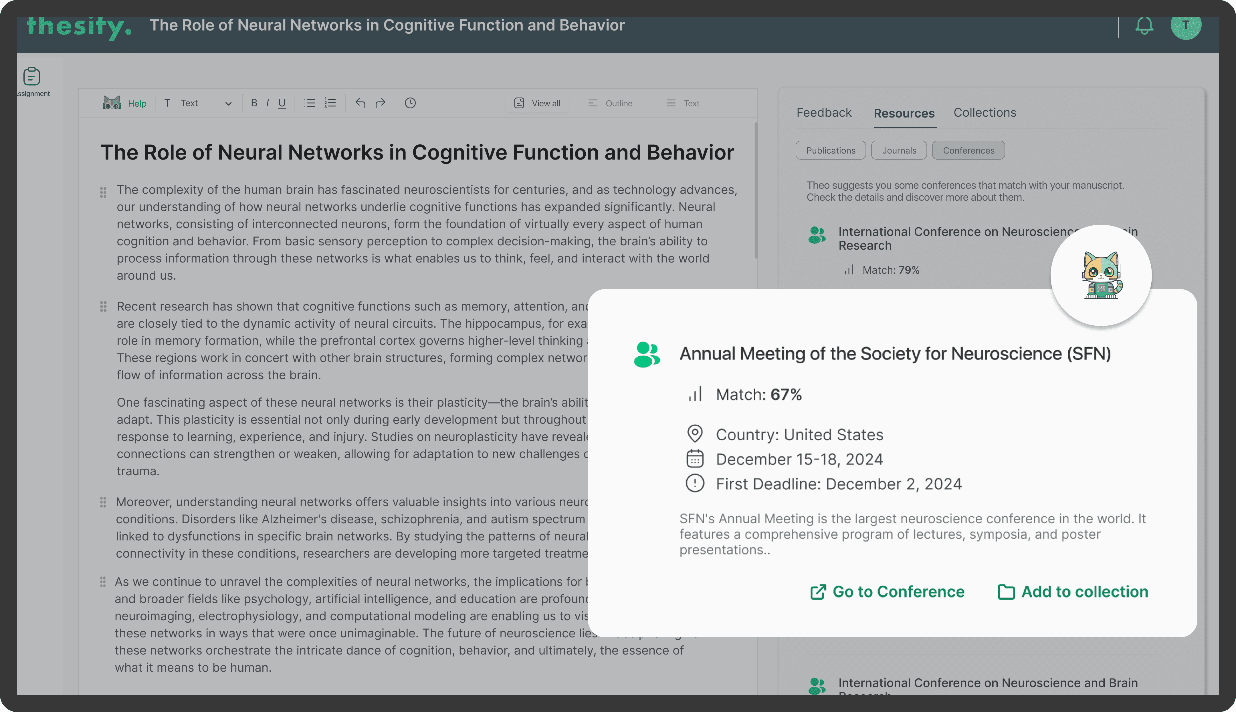screenshot of the app showing conference suggestions with dates, location and matching score 