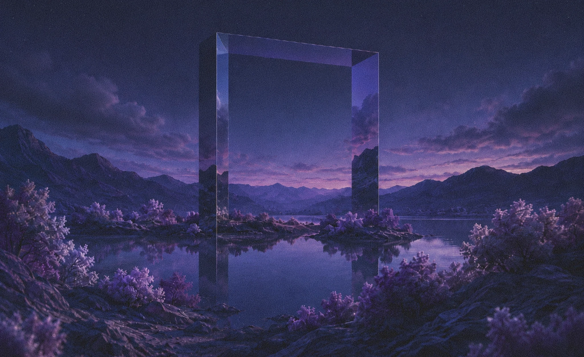 Purple mountain landscape with a translucent geometric portal
