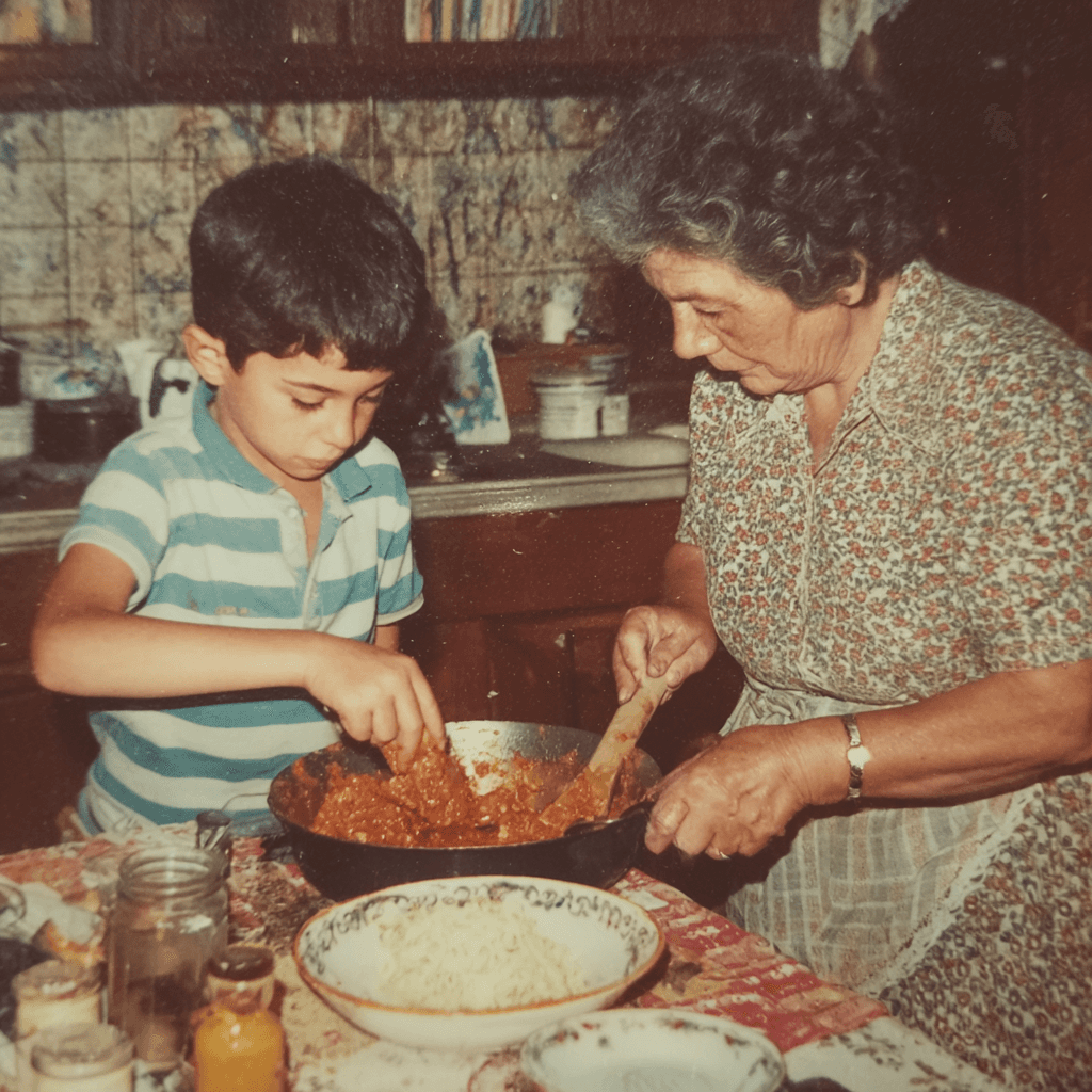 A young boy and an older woman cooking together at a kitchen table, both stirring a large pan of sauce. The boy focuses intently on mixing while the woman gently guides him, creating a warm, nostalgic family moment.