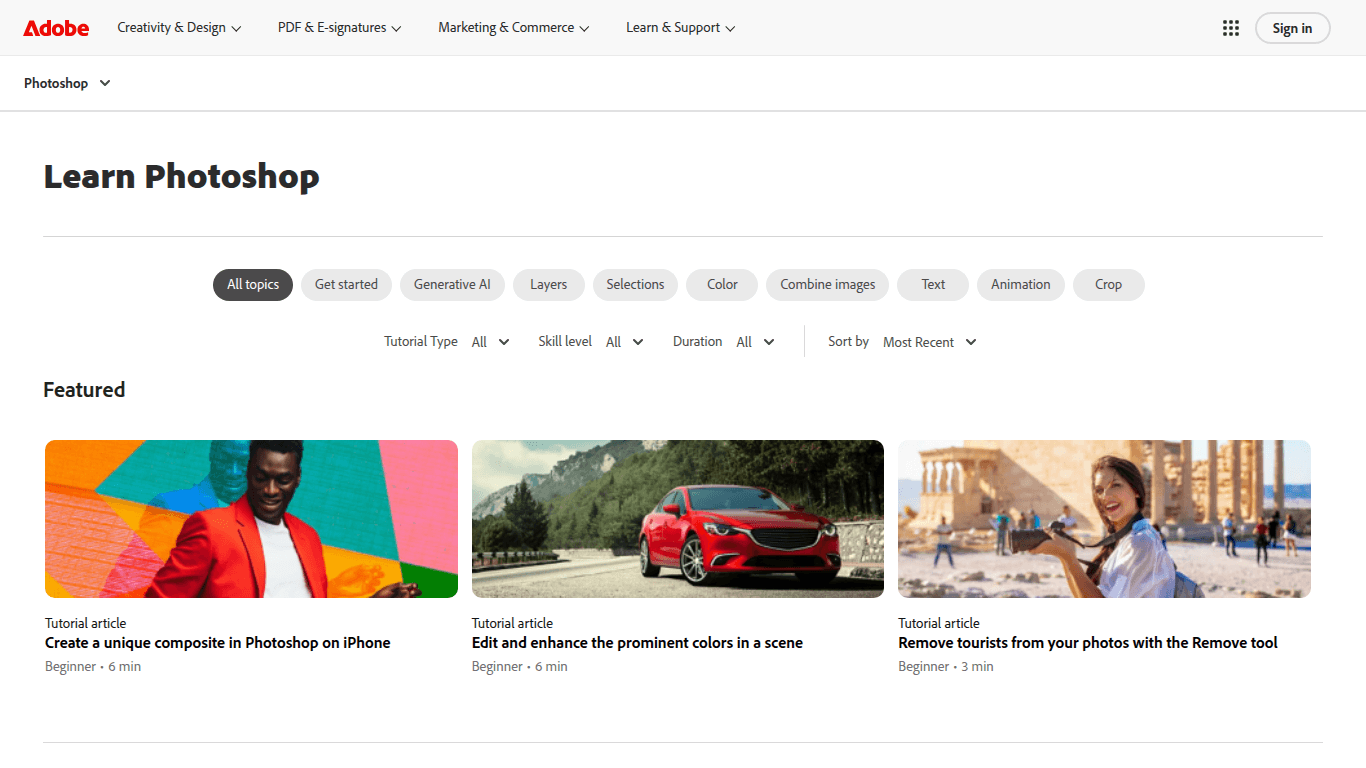 Adobe Learn Photoshop page with tutorial filters and featured beginner editing lessons