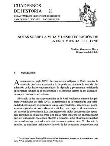 Notas sobre la vida y desintegración de la encomienda 1700-1720