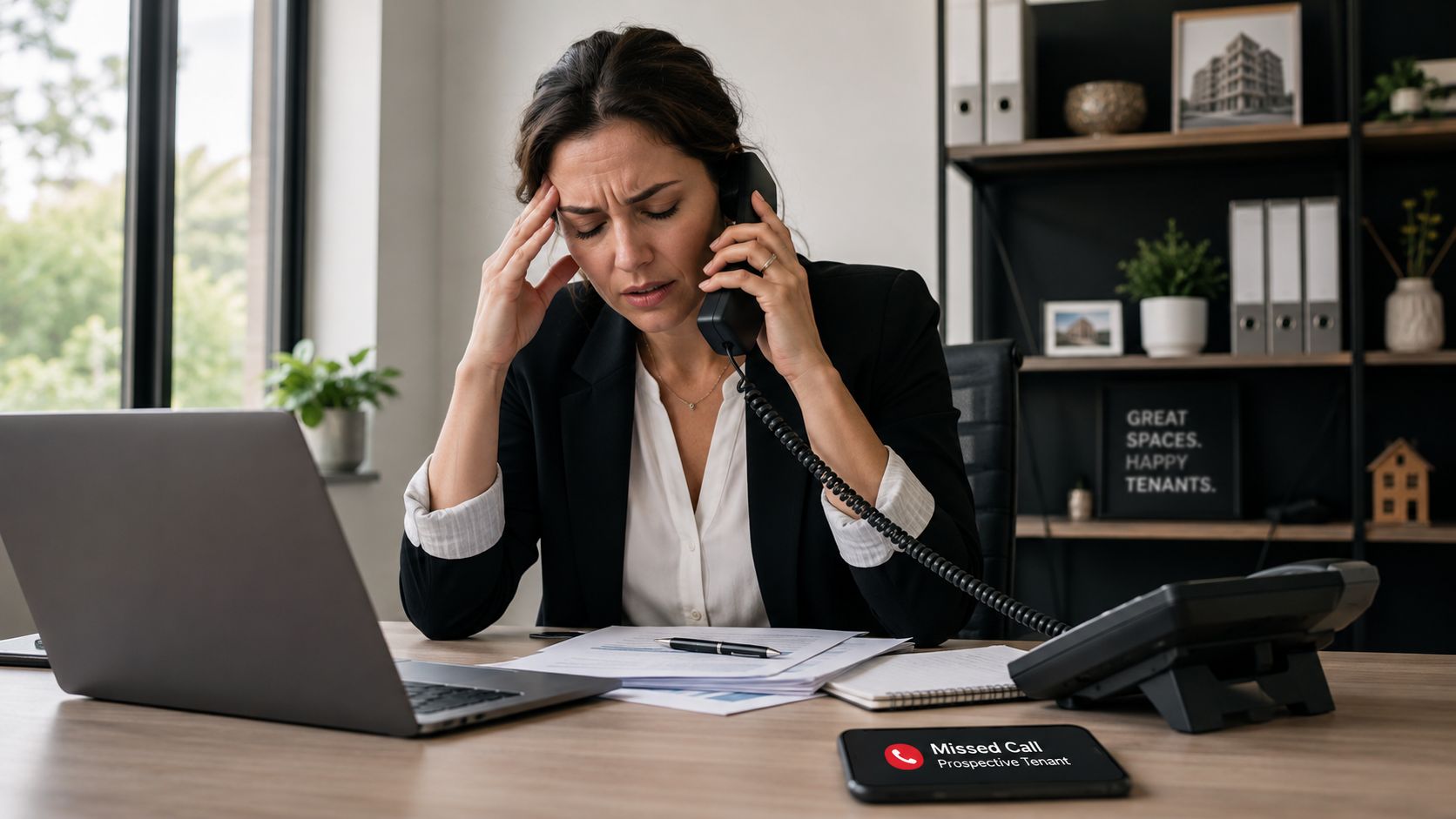 A stressed property manager sitting at a desk with a laptop while handling a phone call.