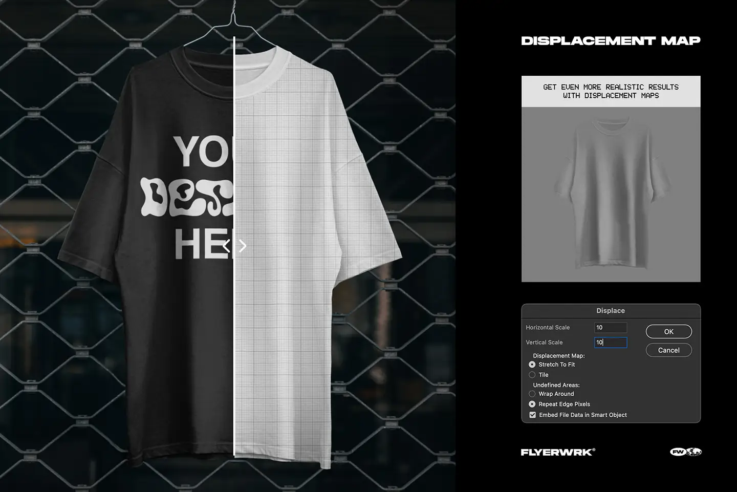 Technical view showing the displacement map wrapping a design realistically around the t-shirt fabric folds