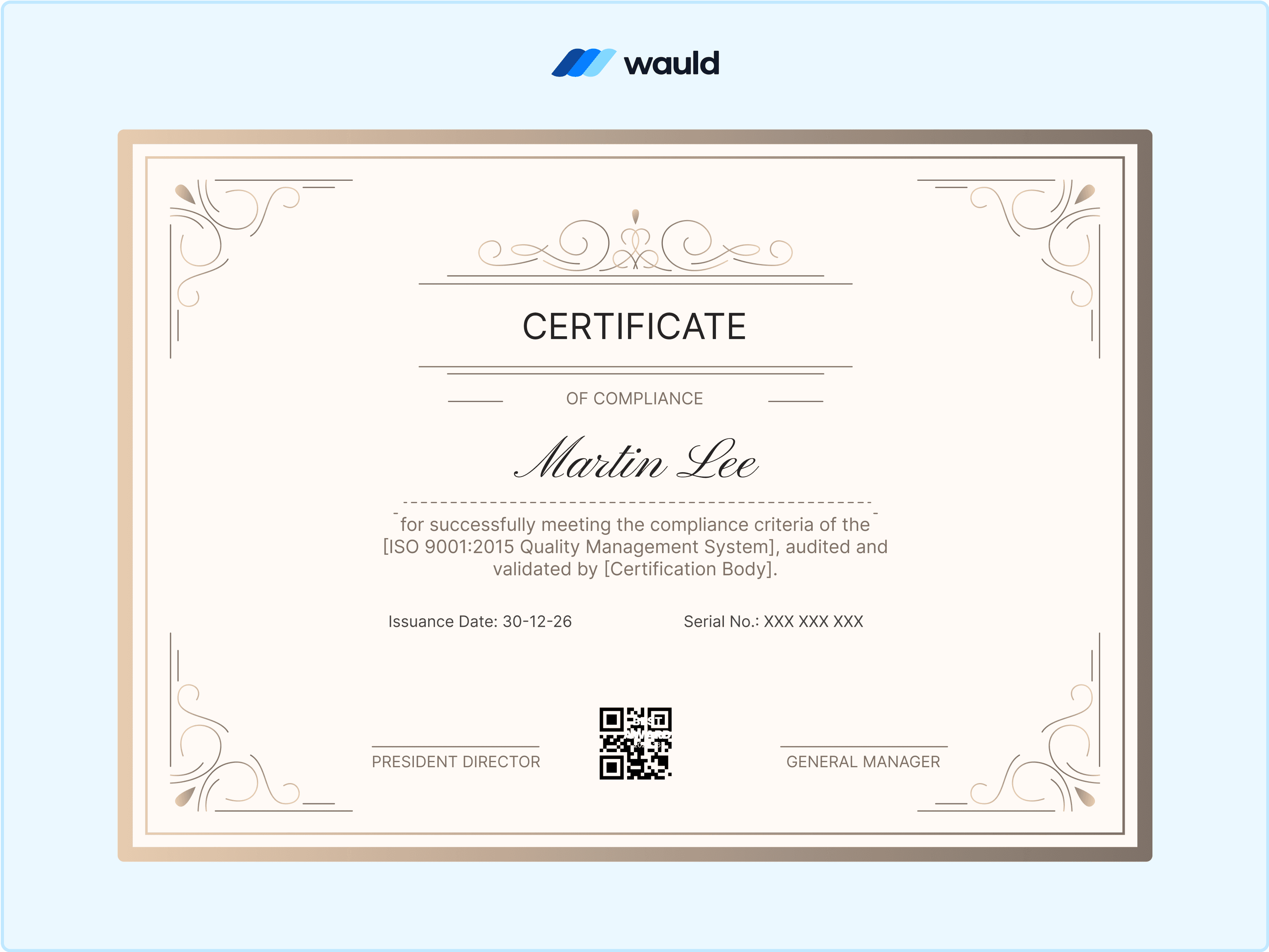 Wauld - Elegant brown and beige-themed compliance certificate&nbsp;