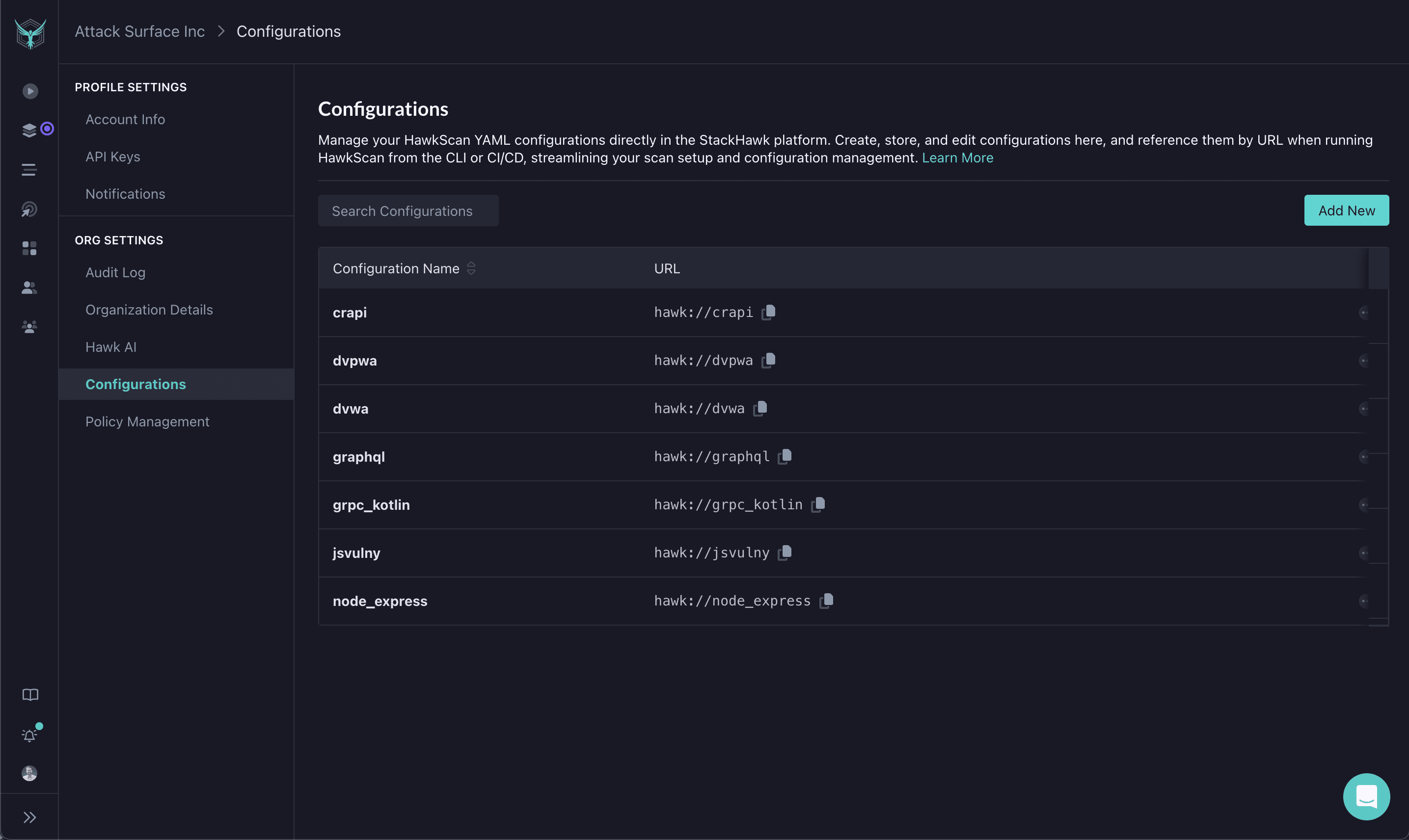 StackHawk hosted HawkScan configurations managed in the platform