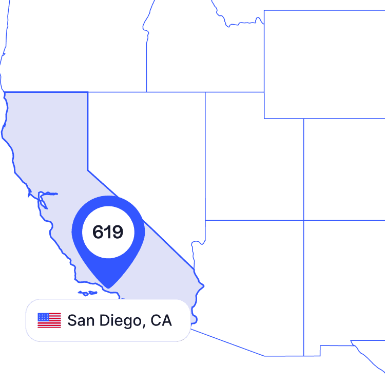 US map of 619 area code phone numbers and its coverage region