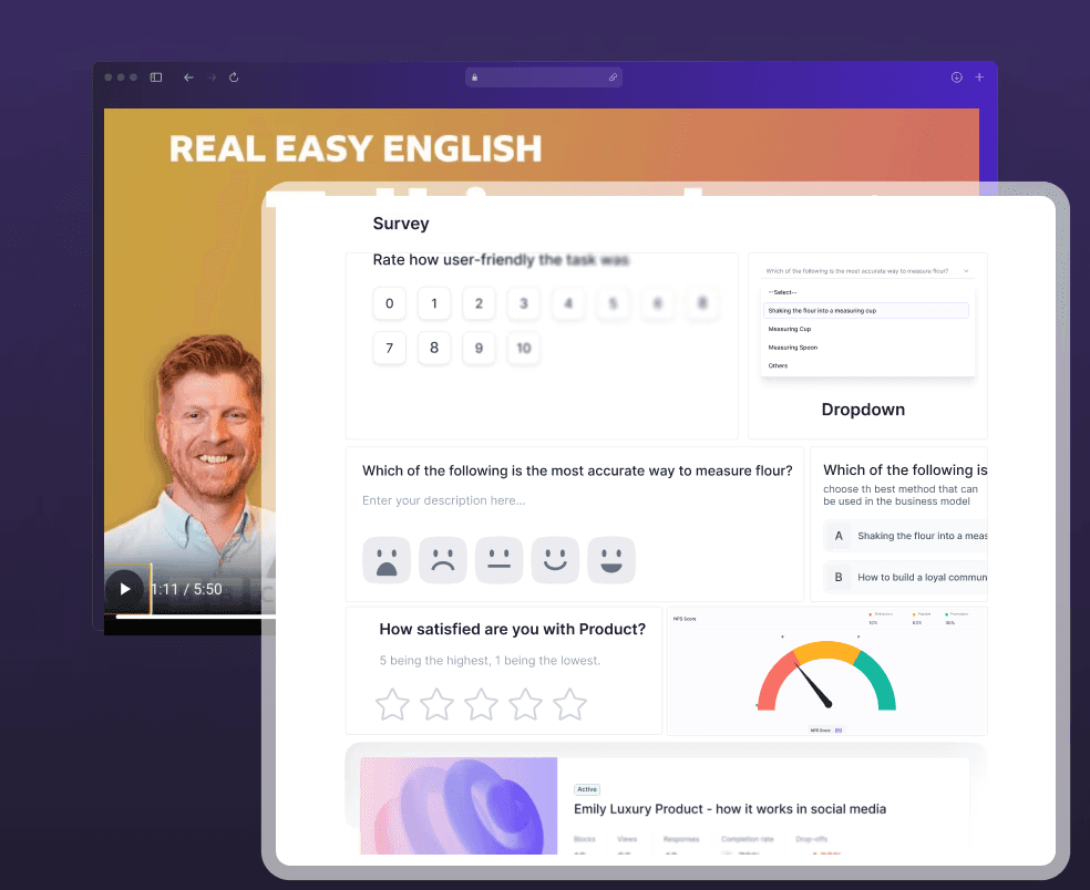 An image showing a digital interface for creating and managing online surveys, overlaid on a blurred background of a video player. The survey builder interface displays various question types and widgets: Numerical Rating: A scale from 0 to 10 to rate user-friendliness. Dropdown Menu: A selection list for choosing the most accurate way to measure flour. Emoji Rating: A five-point sentiment scale ranging from sad to happy faces. Star Rating: A 5-star satisfaction scale. Analytics Gauge: A semi-circle "NPS Score" meter showing segments for Detractors, Passives, and Promoters. Data Summary: A bottom panel titled "Emily Luxury Product" listing metrics like Views, Responses, Completion rate, and Drop-offs. In the background, a man with light hair and a beard is visible in a video frame labeled "REAL EASY ENGLISH," suggesting the survey tools are being used within an educational or video-hosting platform.
