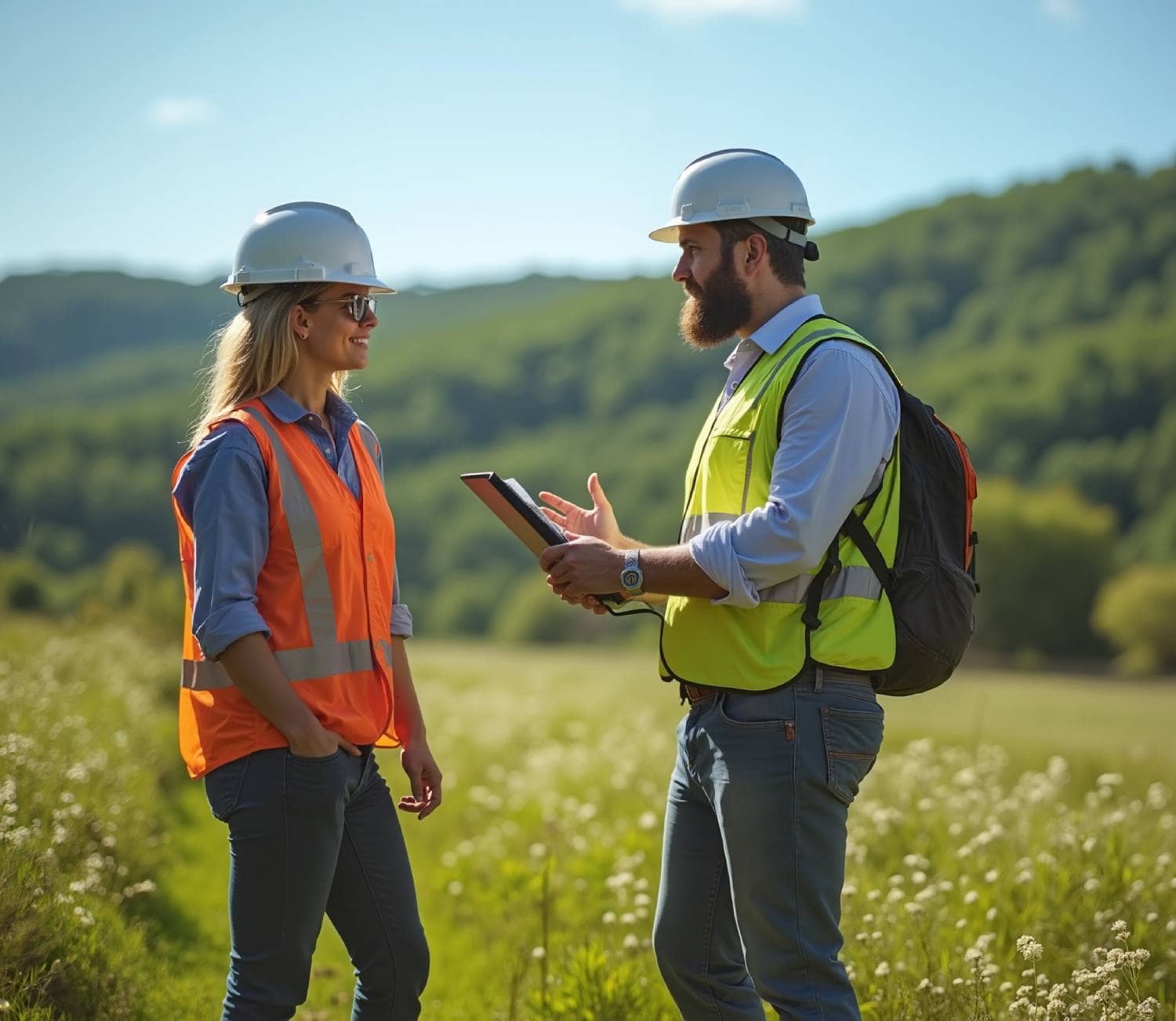 Deux inspecteurs ou consultants en environnement (un homme barbu et une femme blonde), portant des casques de sécurité blancs et des vestes de haute visibilité orange et jaune, discutent sur un terrain ensoleillé et fleuri. L'homme tient une tablette numérique ou un calepin, symbolisant la consultation ou l'évaluation de site.