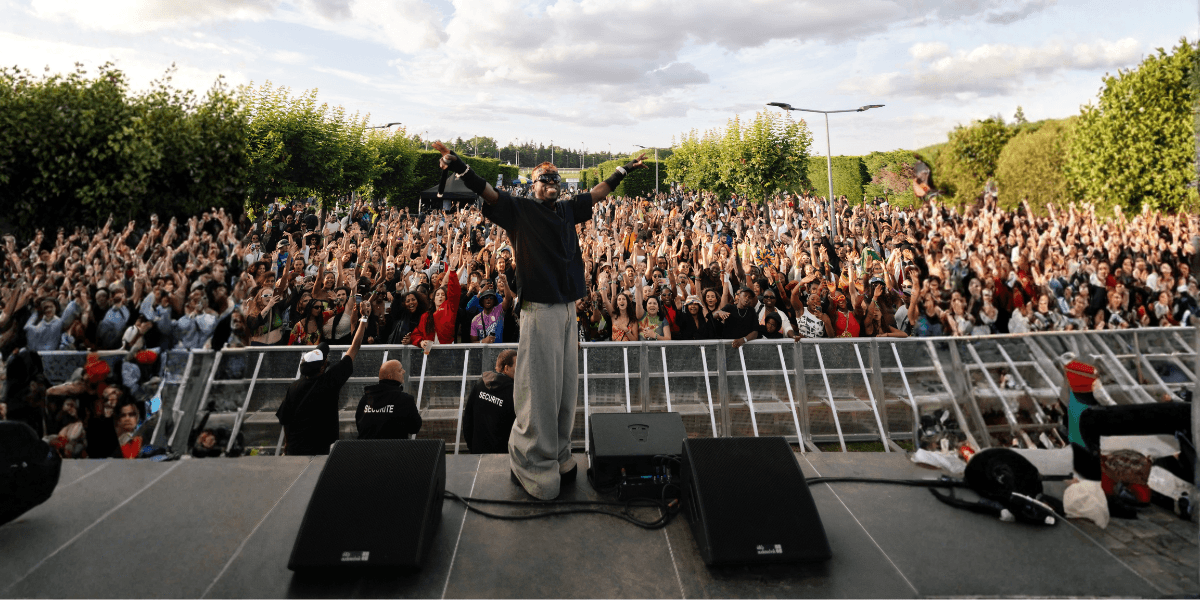 SPINALL performing live in front of a large crowd at a concert, showcasing his influence in global Afrobeats and electronic music.