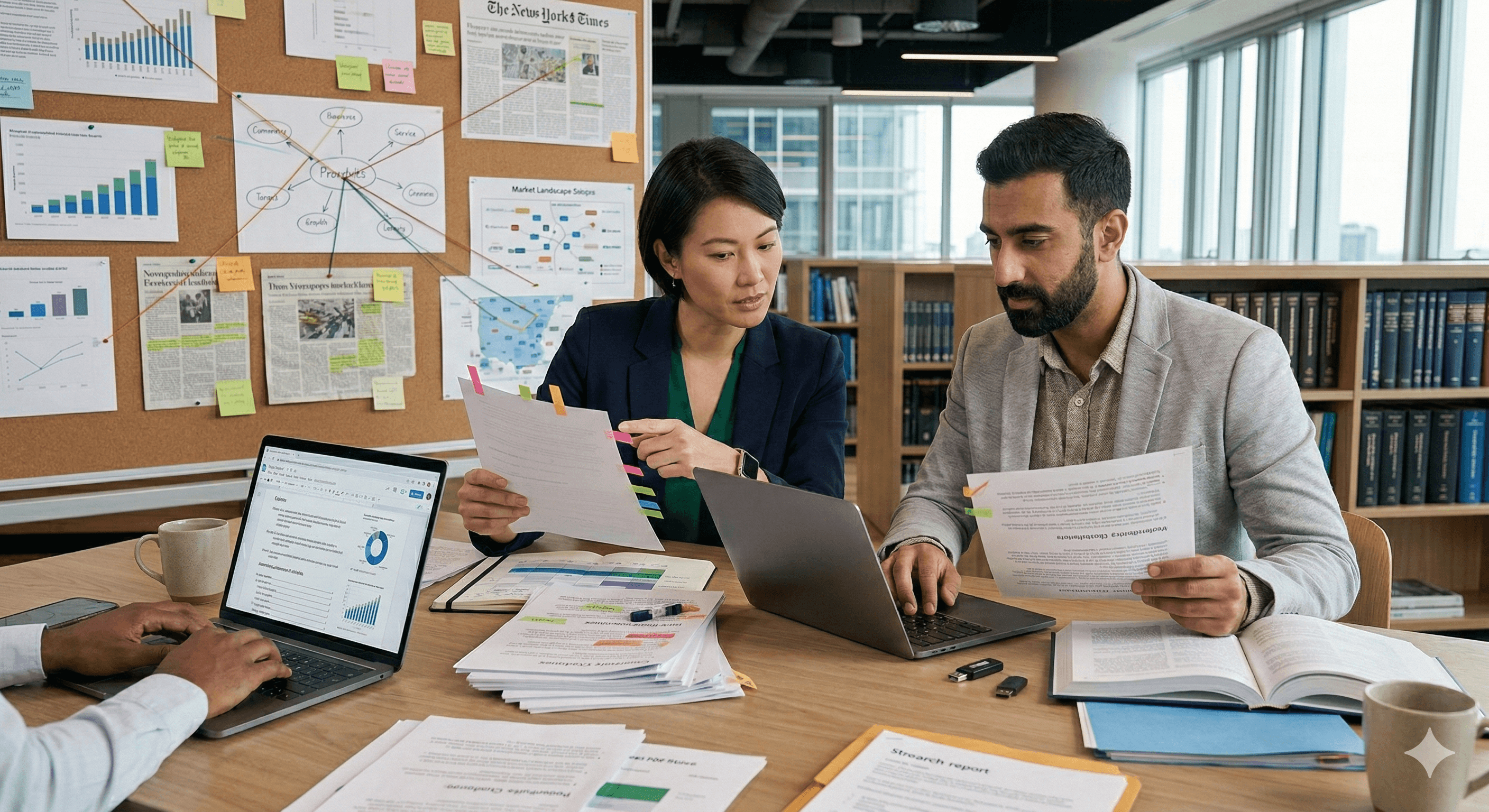 A group of professionals engaged in a collaborative office setting, analyzing documents and laptop screens filled with charts and graphs, embodying elements of ChatGPT deep research and its practical applications.