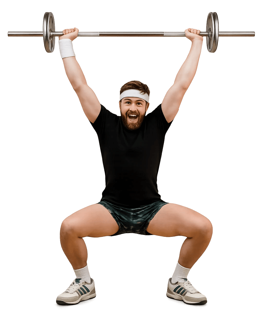 Bearded man in headband joyfully overhead pressing barbell in squat.