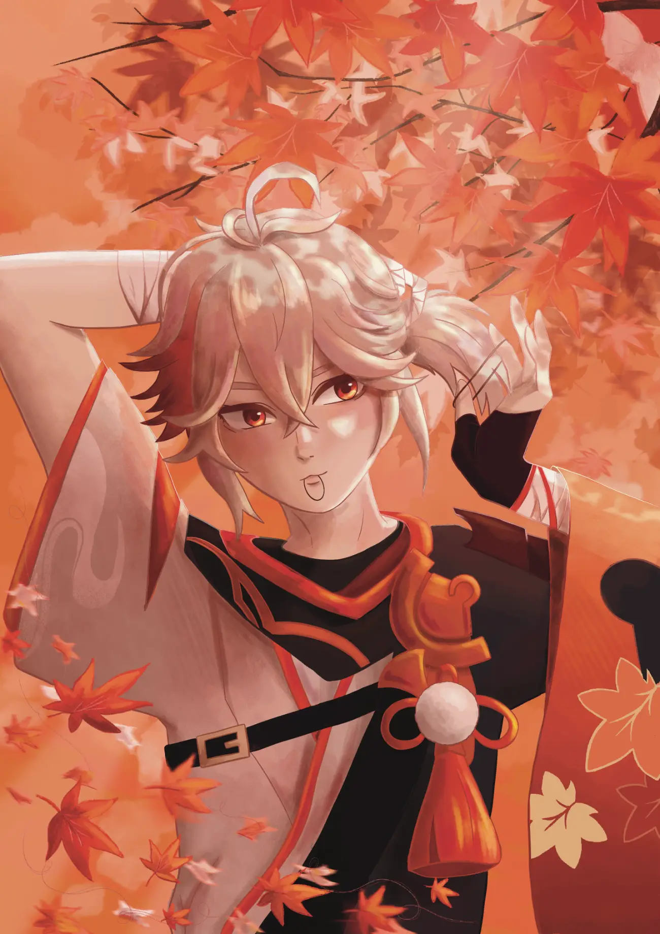 Digital anime-style illustration of Kazuha surrounded by vibrant red autumn maple leaves - by Tiffany Springett.