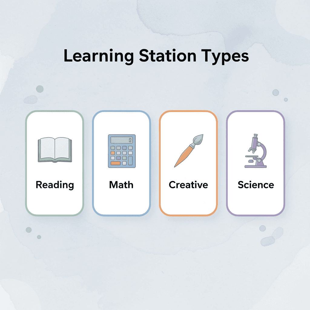 Four learning station types with reading, math, creative, and science icons