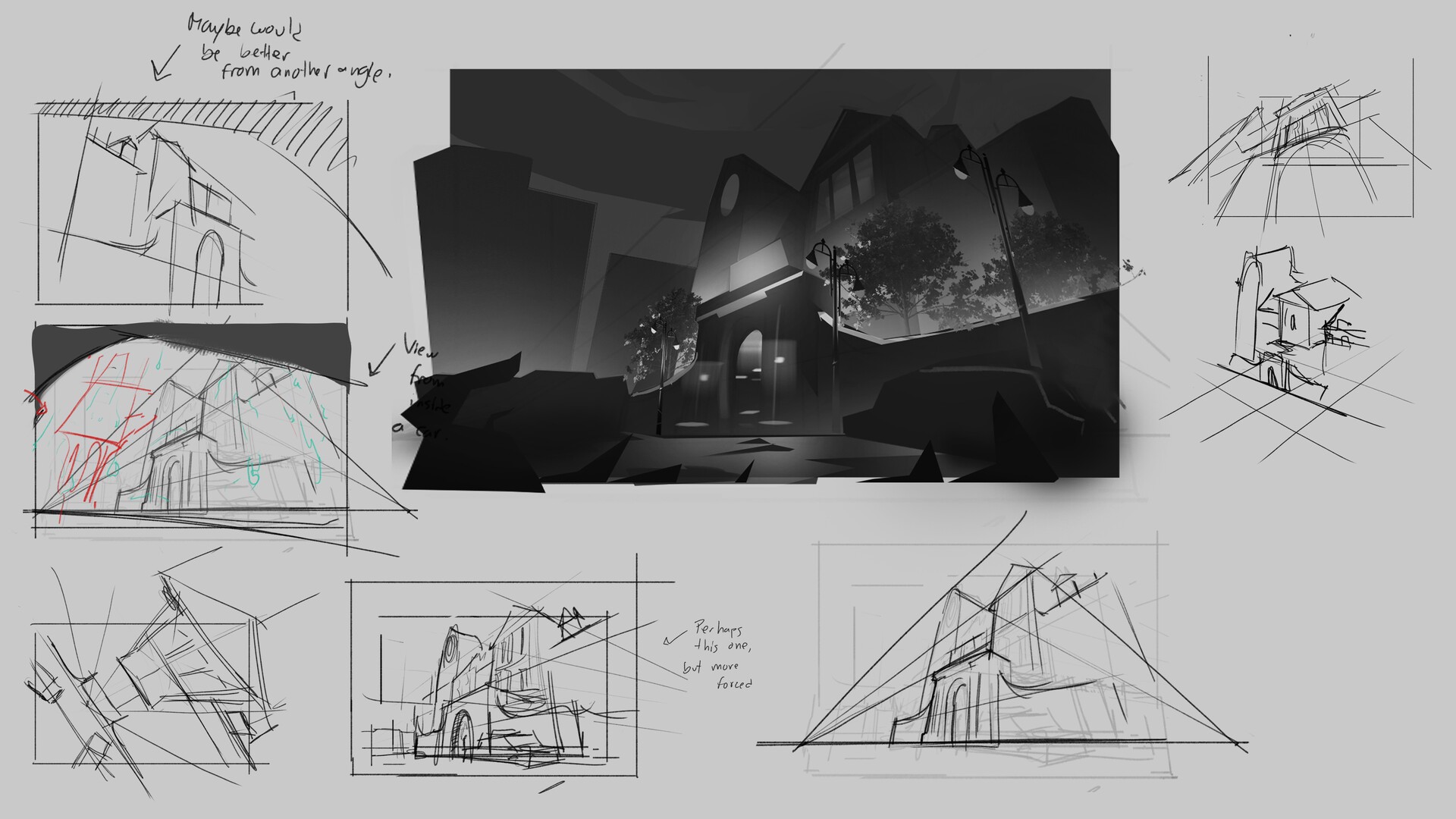 Thumbnail sketches. Composition and design exploration.