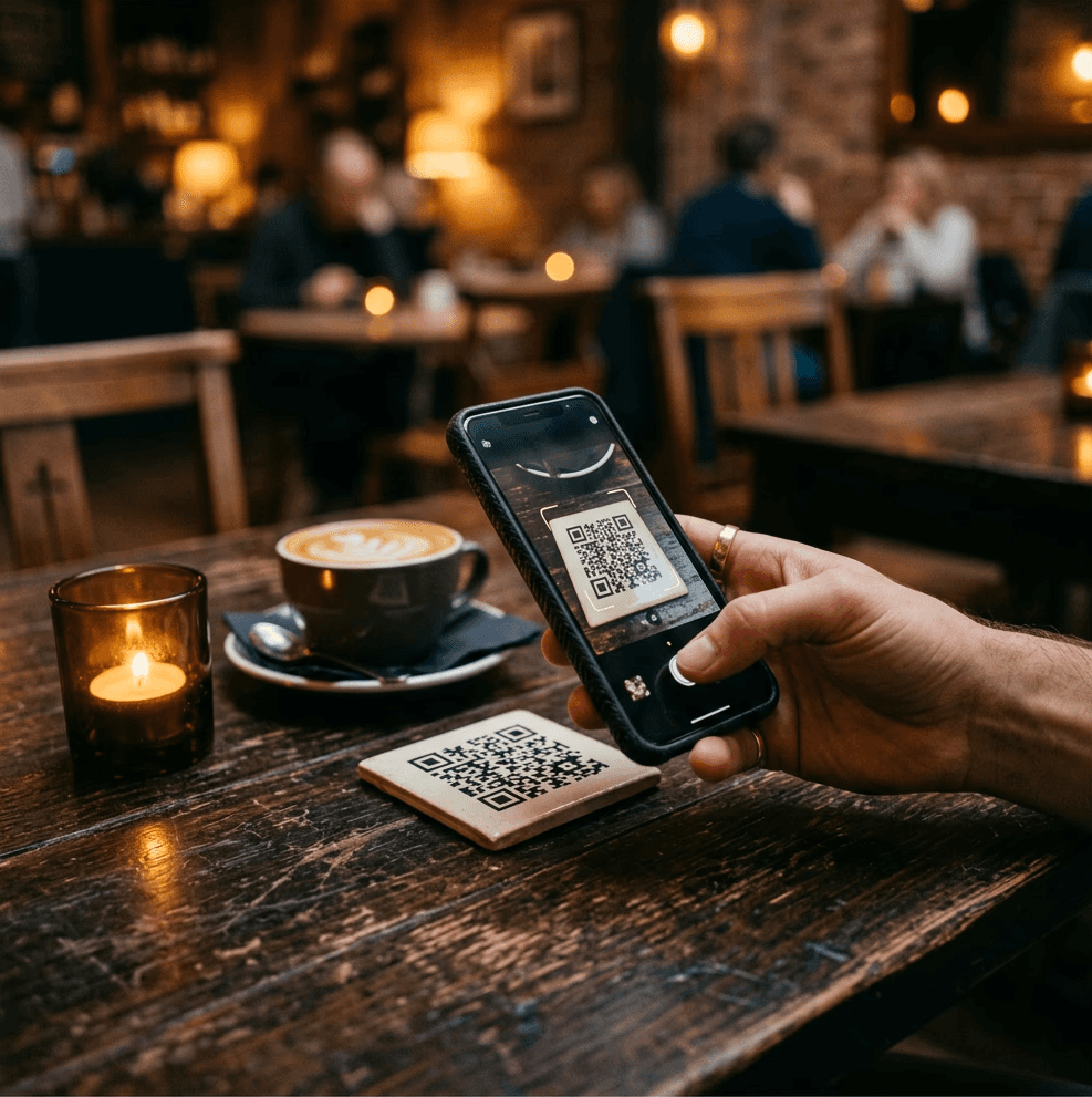 A person scanning a QR code that is situated on the table.