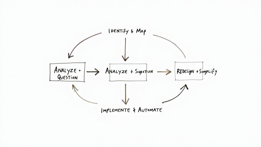 A clear, organized workflow diagram on a whiteboard.