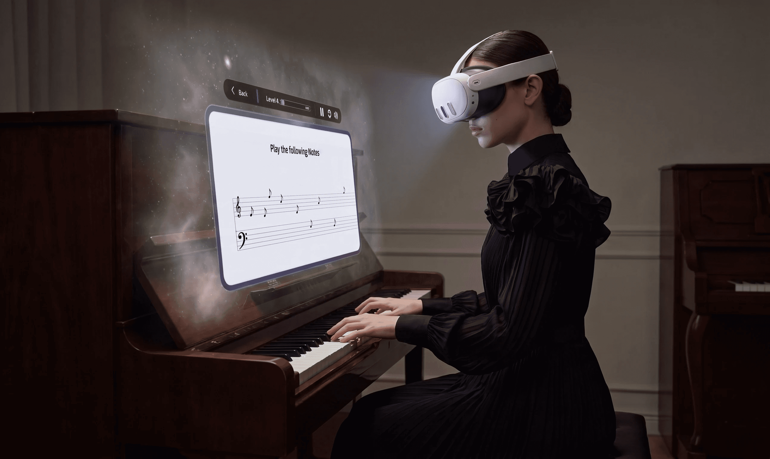 Pianist practicing while reading sheet music