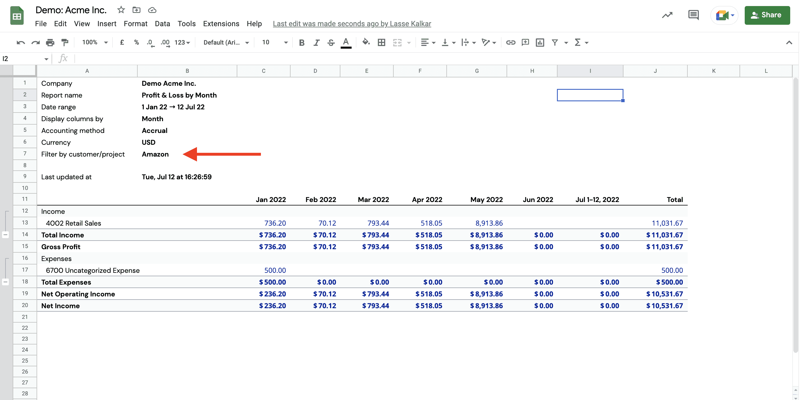 Live P&L Report with Display Columns By Customers