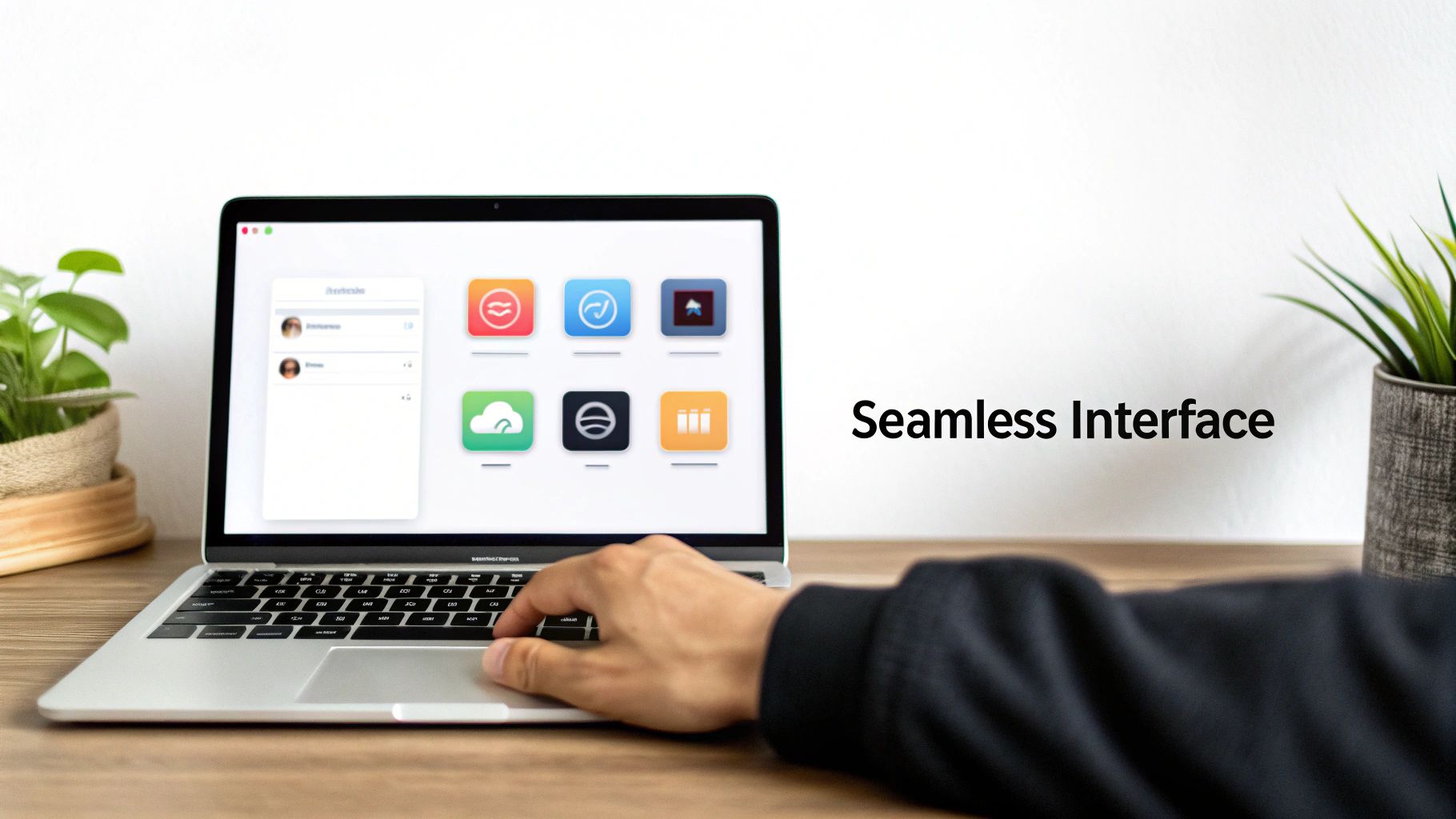A person's hand on a laptop showing a clean user interface with app icons, next to 'Seamless Interface' text.