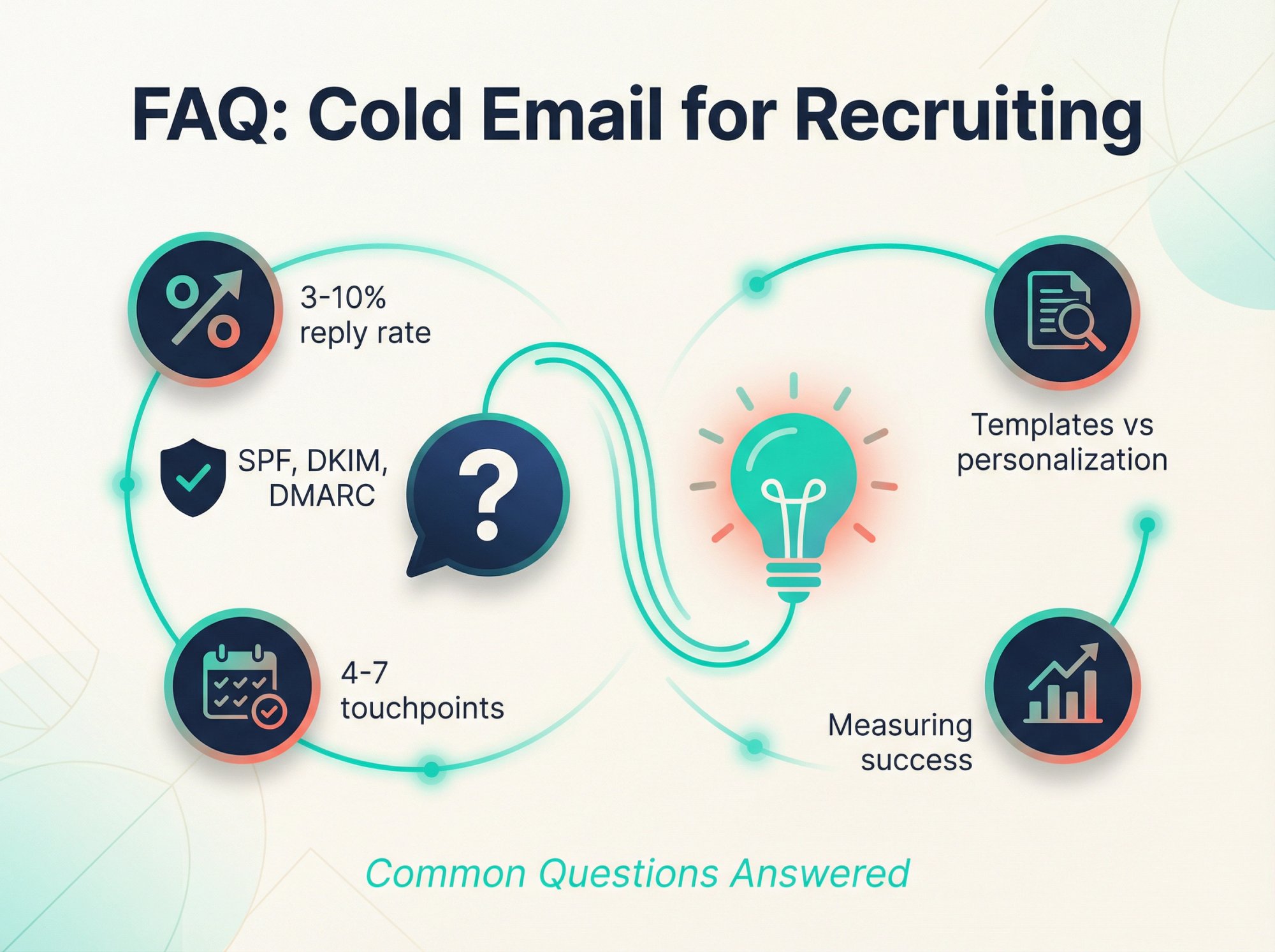 Interactive FAQ illustration showing recruiting cold email questions with answer highlights and performance metrics