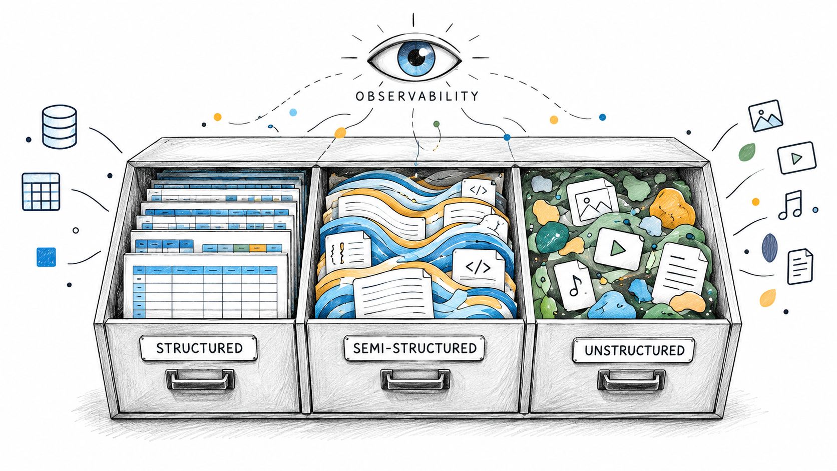 A hand-drawn illustration showing an observability eye monitoring structured, semi-structured, and unstructured data organized in filing cabinets.