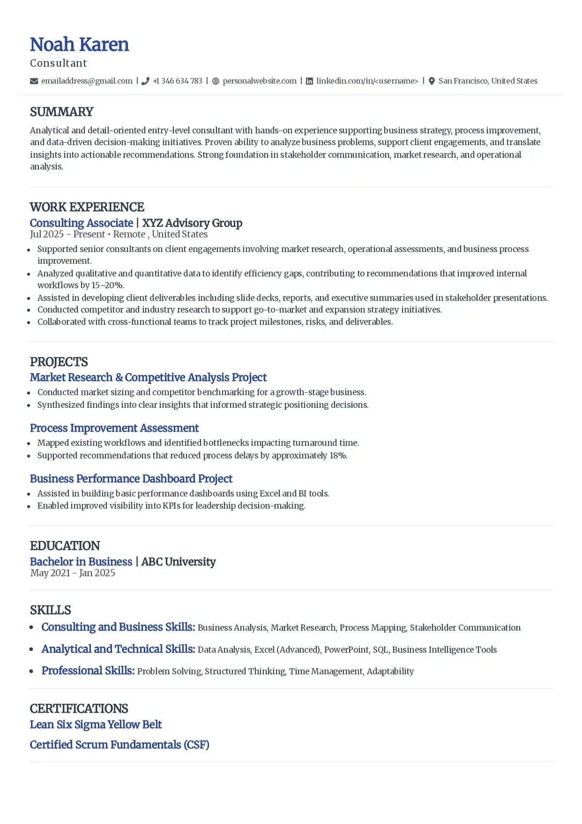 Entry-Level Consultant Resume Example