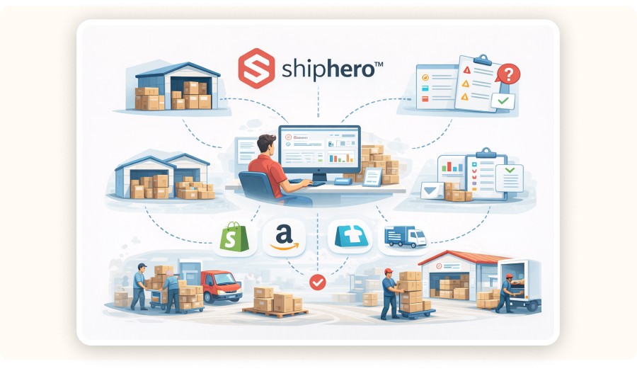 Landscape illustration of ShipHero managing inventory, suppliers, and fulfillment