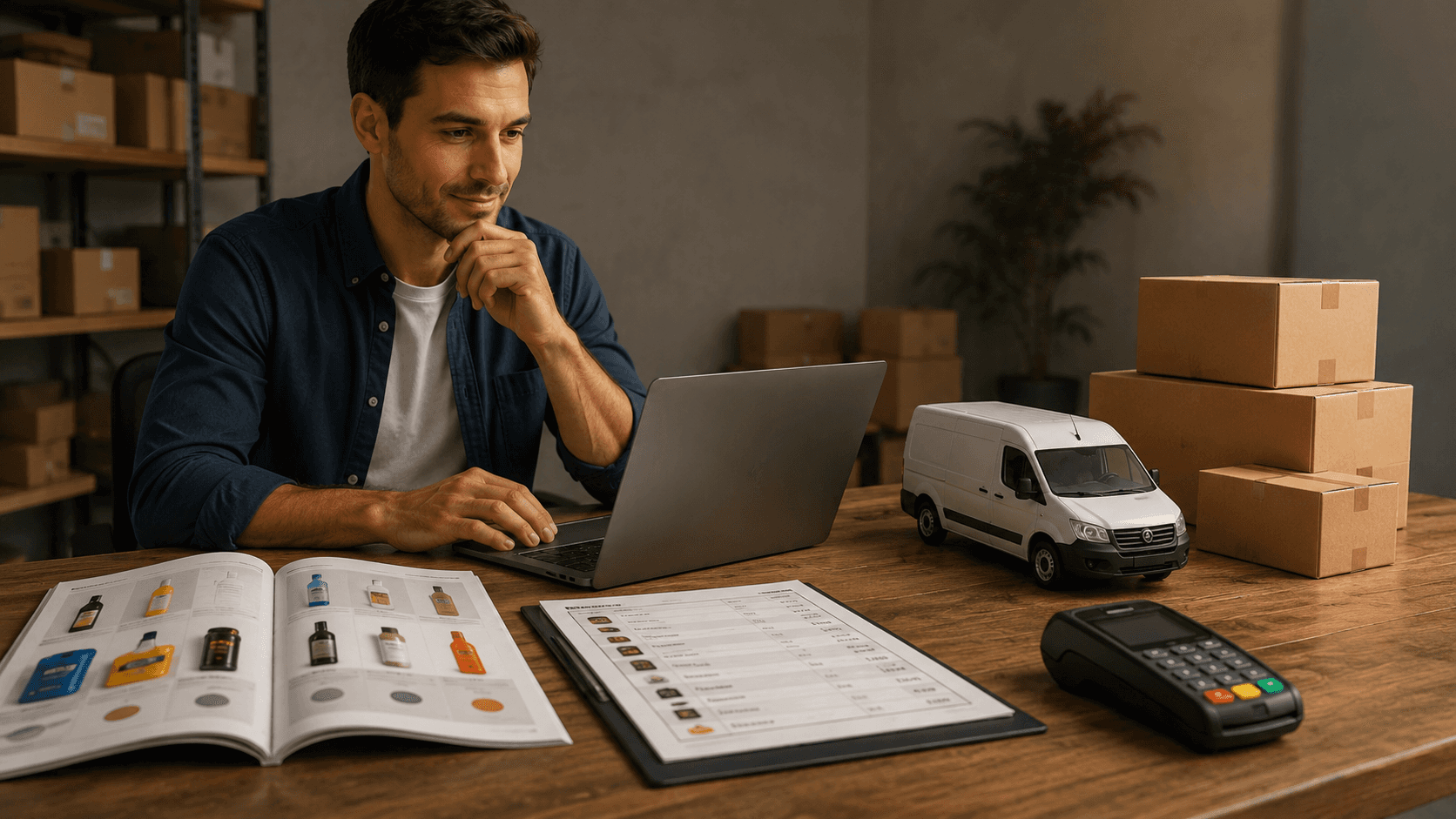 Uma cena em estilo 3D realista mostra um distribuidor trabalhando sozinho em um computador, organizando os elementos essenciais da operação comercial. Sobre a mesa há um catálogo de produtos aberto, uma lista de preços, uma maquininha de pagamento e uma miniatura de veículo de entrega ao lado de caixas de mercadorias. O ambiente lembra um pequeno centro de distribuição ou estoque organizado, transmitindo a ideia de estruturar vendas, logística e cobrança de forma prática, sem depender de uma equipe de tecnologia.