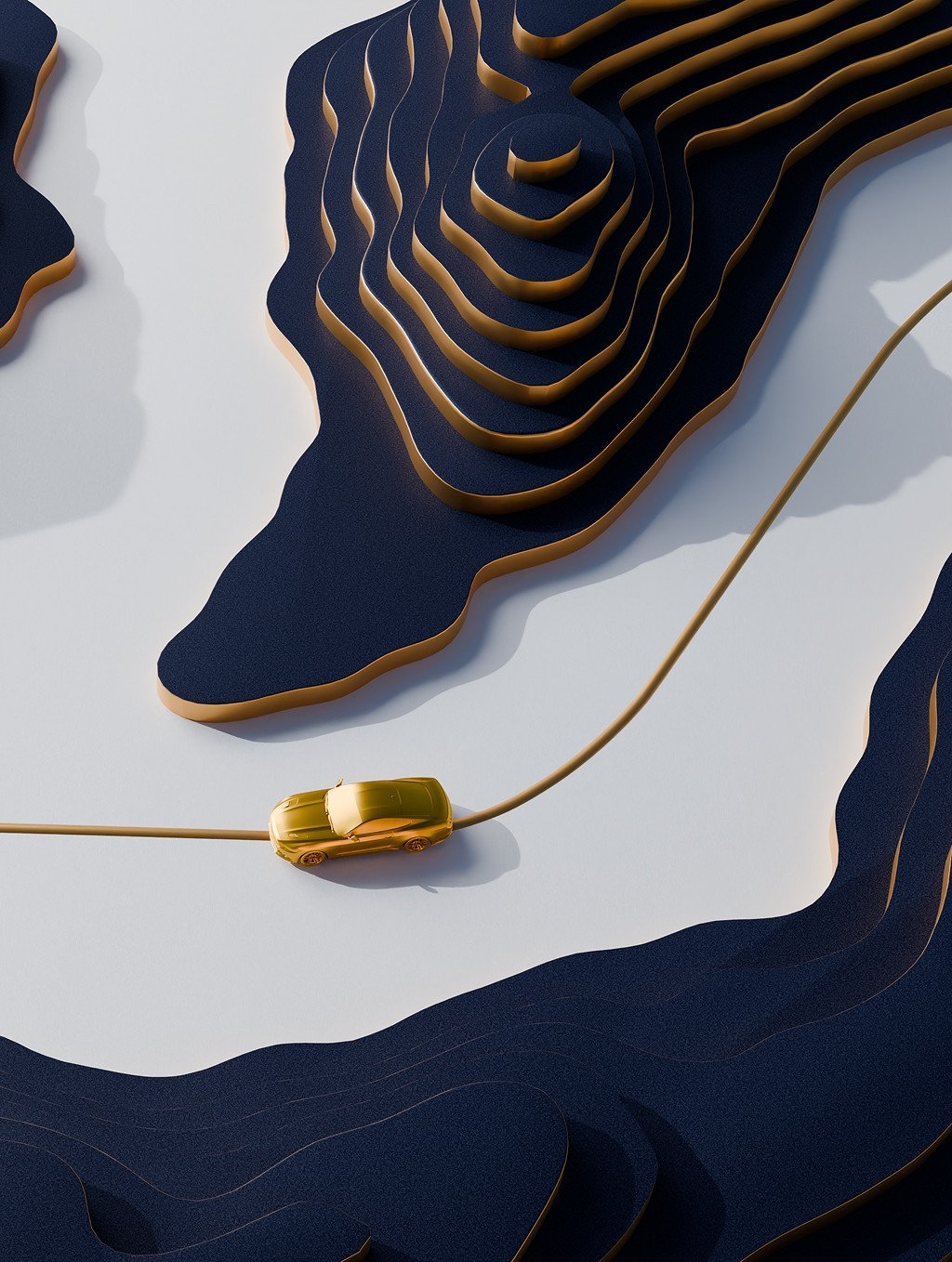 a gold car moving through navy blue topological mountain range