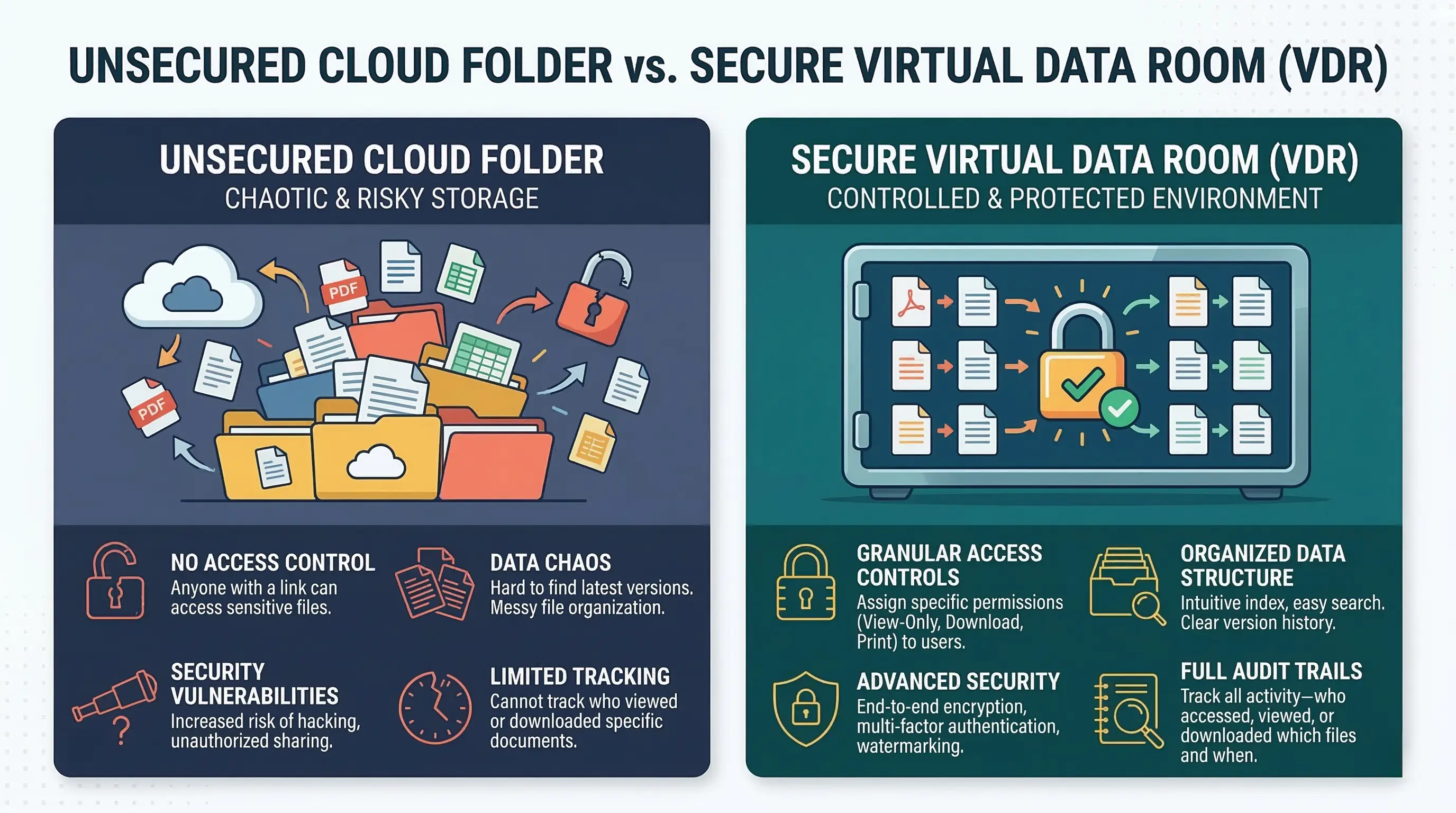 A sleek, side-by-side graphic contrasting a chaotic, unsecured cloud folder full of files with a highly secure, locked digital vault representing a VDR.