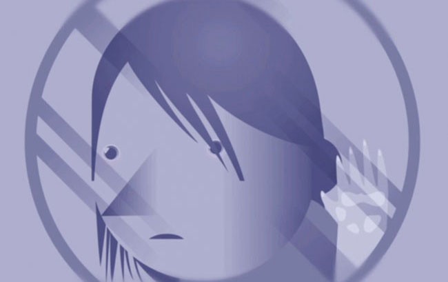 A stylized graphic of a person's head and shoulders in shades of purple and blue. The figure has dark hair with bangs and a triangular nose. The background is a lighter shade of purple, with a circular design behind the figure’s head.