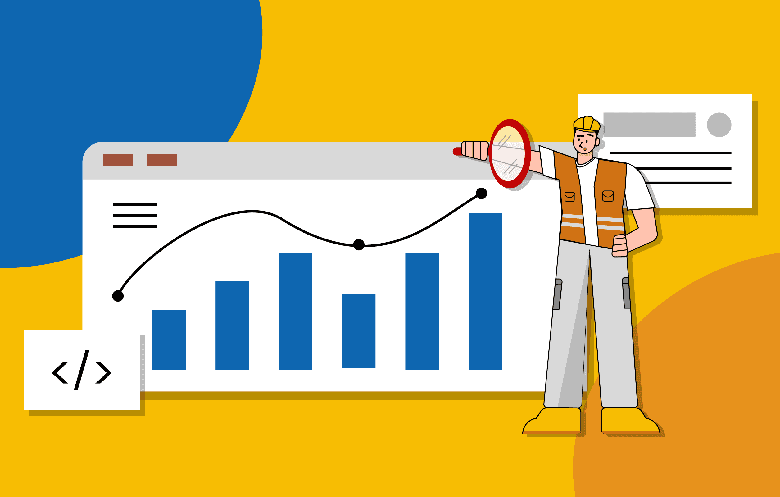 Illustration representing an SEO service page, showing performance analysis, technical optimization, and growth tracking.