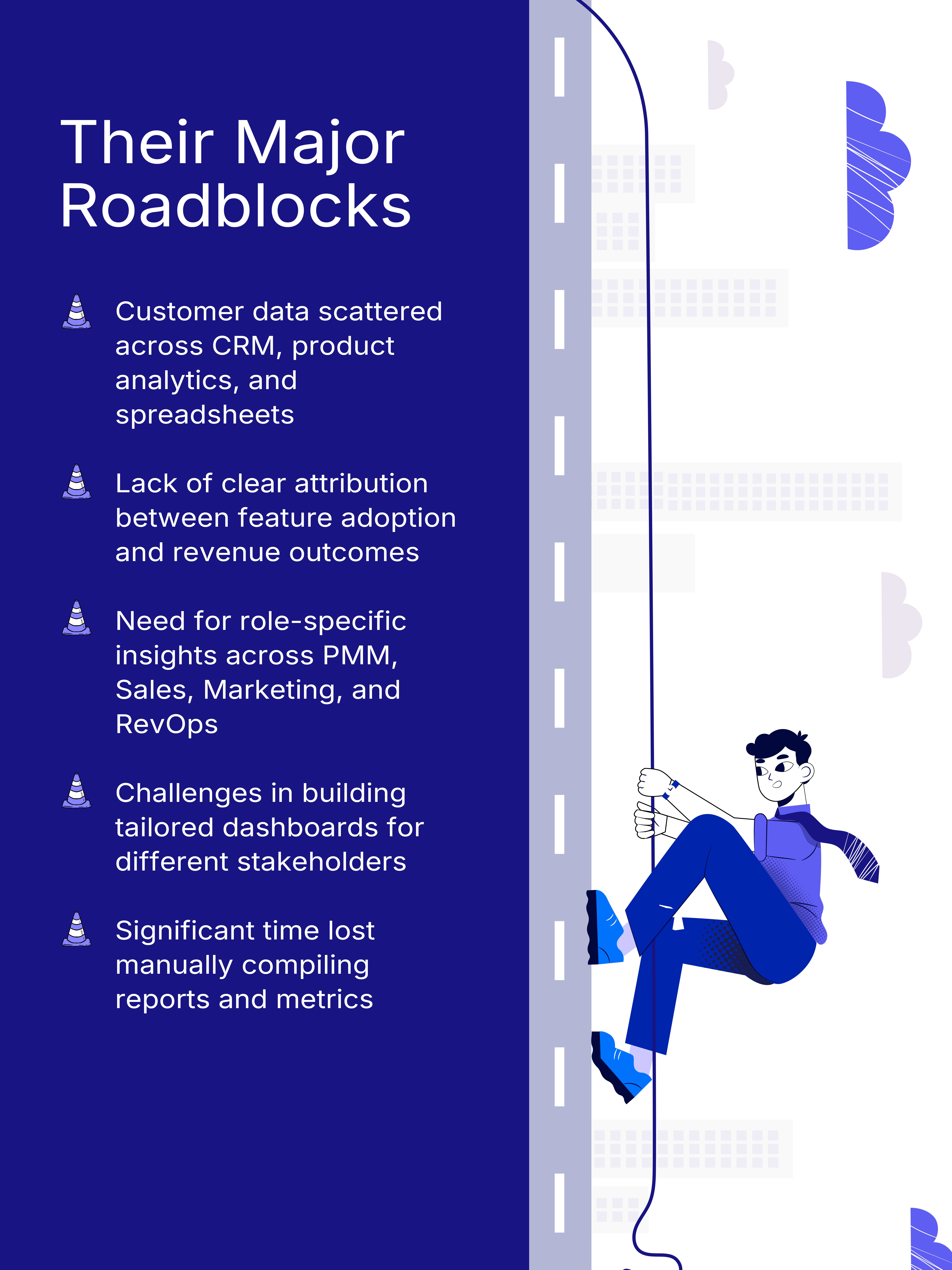 A professional illustration of a person climbing a vertical blue line, representing the upward journey of scaling and growth.