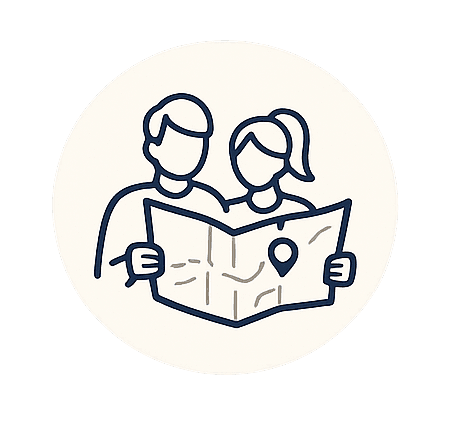 Two people studying a map editorial illustration.