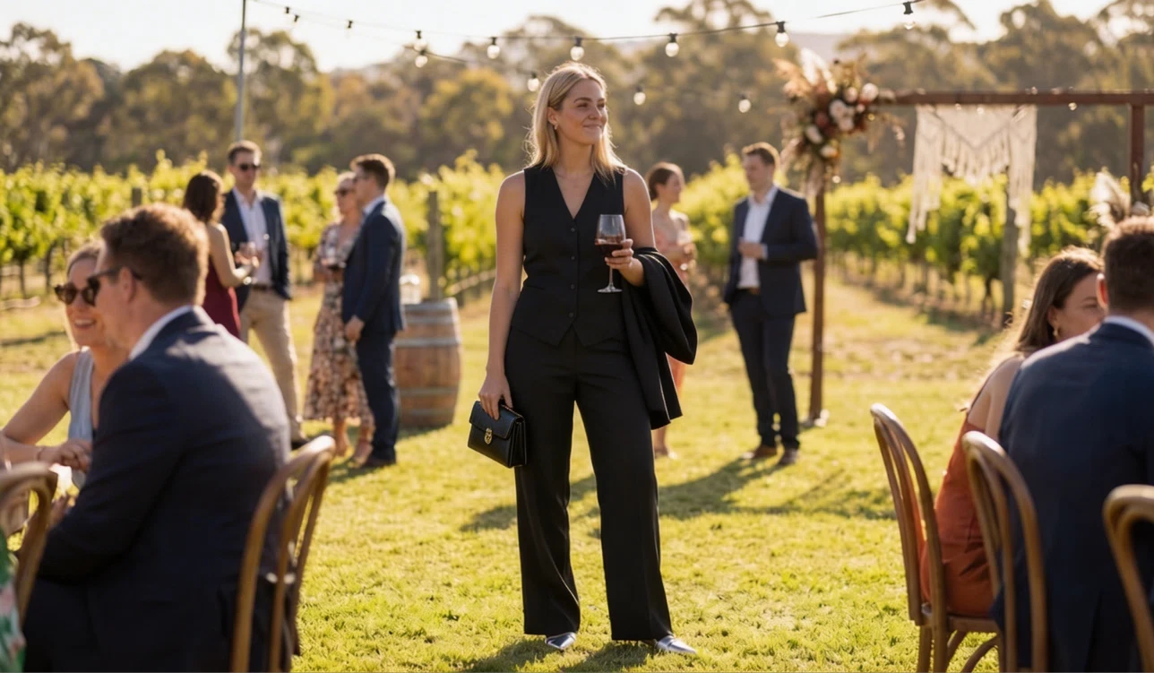 Stylish Isadoranim wedding guest in black outfit at an outdoor vineyard wedding