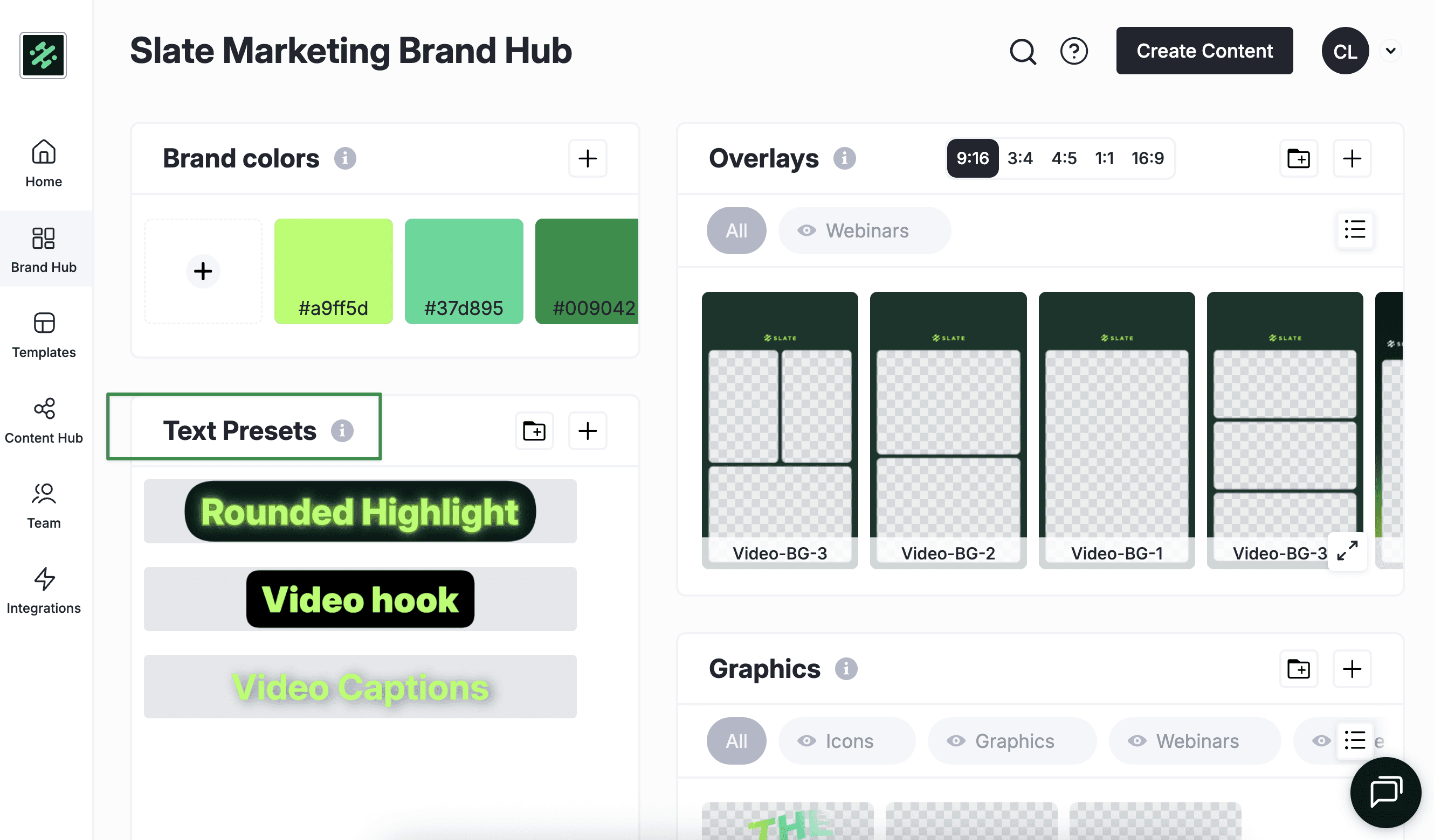 Screenshot of the Slate Marketing Brand Hub showing brand colors, a “Text Presets” section with examples like Rounded Highlight, Video Hook, and Video Captions, alongside overlay templates and graphics options.
