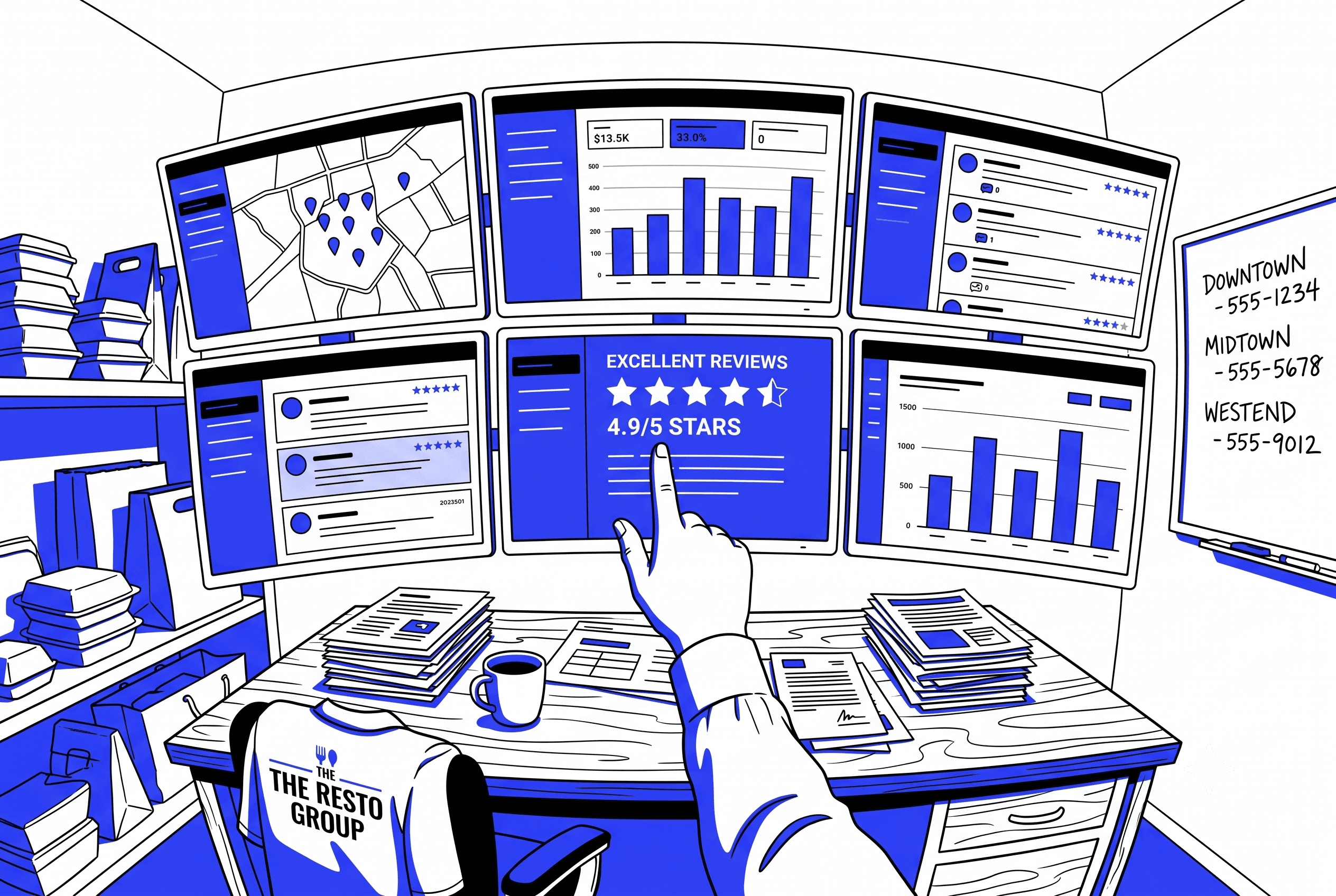 Restaurant manager looking at one platform screen among several dashboards on a wall, representing how multi-location F&B brands in KSA and UAE choose the right customer experience management platform