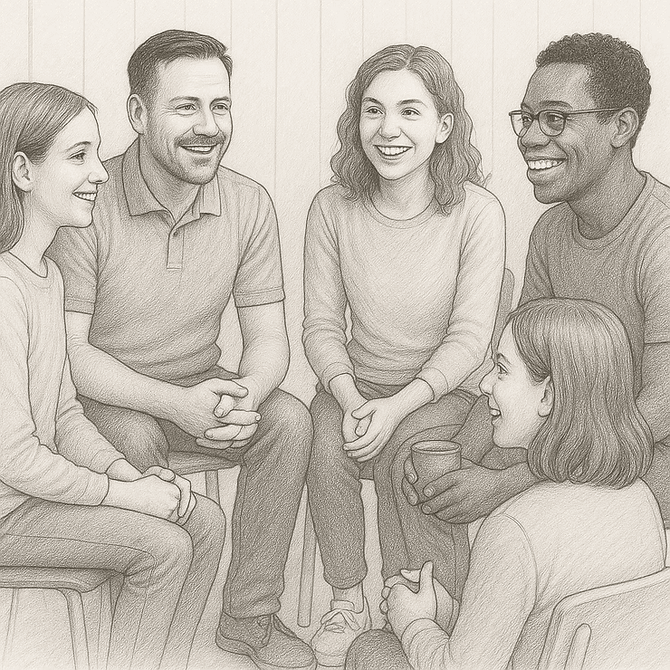 Zeichnung von glücklichen Menschen im Gesprächskreis. Gruppentherapie, Selbsthilfe.