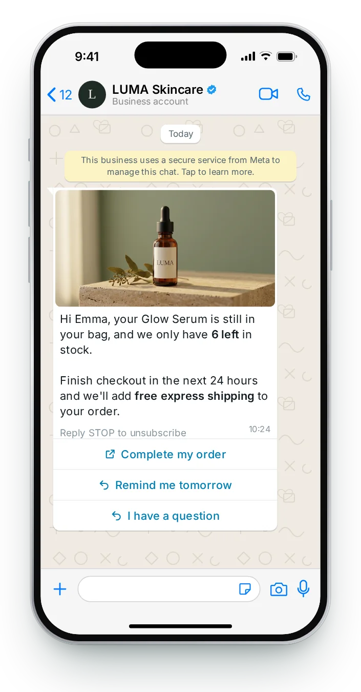 Annotated WhatsApp message template showing header, body, footer and buttons